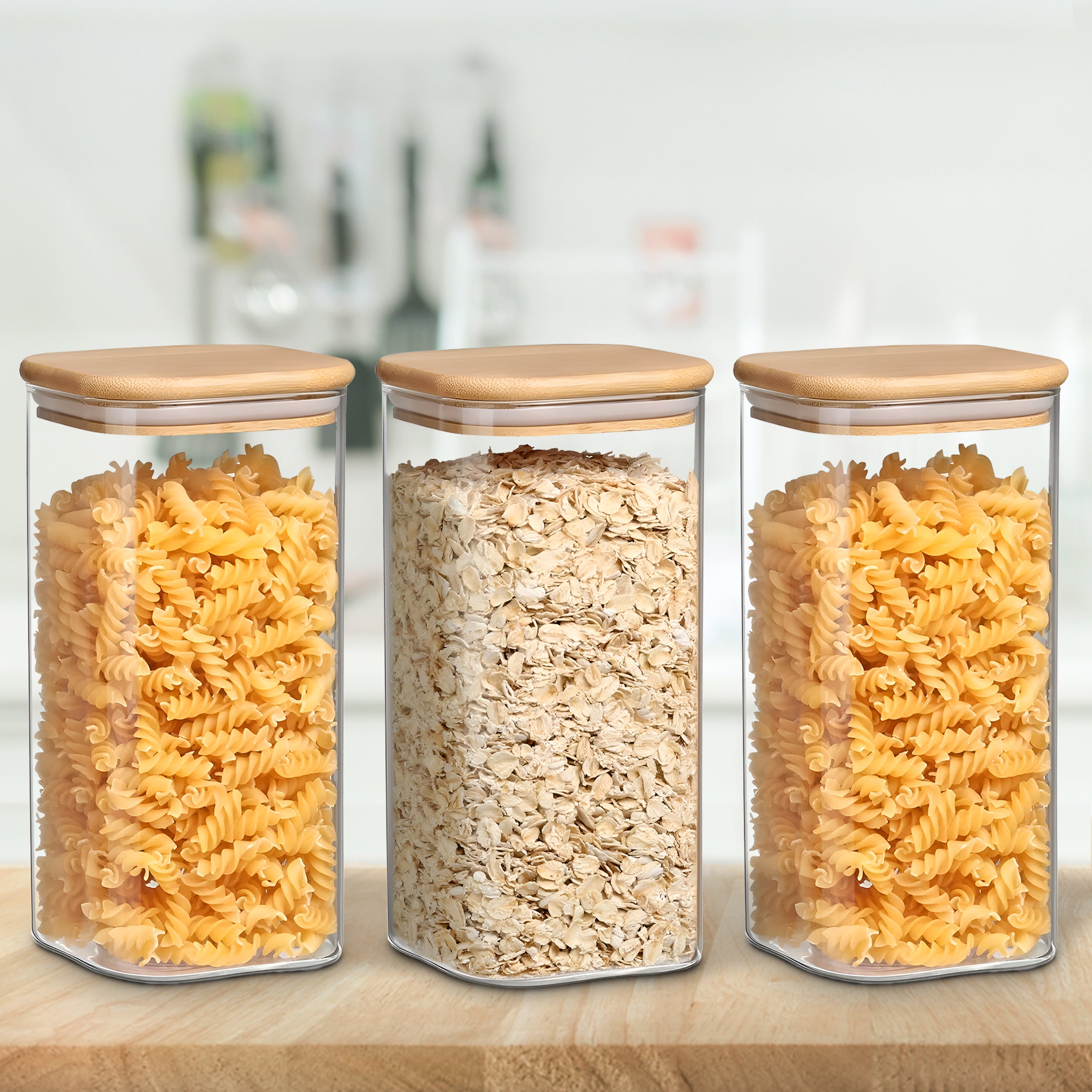 Allo 600ML Kitchen Storage Box Glass Jars With Wooden Lids - Borosilicate Glass Food Storage Containers Airtight Glass Jar For Tea, Coffee, Spice, Pulses, Masala (Square Glass Jar - Set of 3)