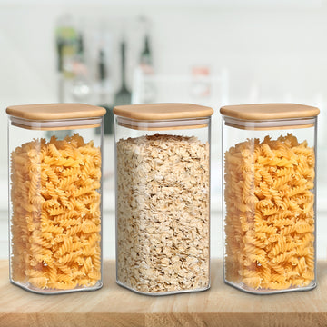 Allo 600ML Kitchen Storage Box Glass Jars With Wooden Lids - Borosilicate Glass Food Storage Containers Airtight Glass Jar For Tea, Coffee, Spice, Pulses, Masala (Square Glass Jar - Set of 3)