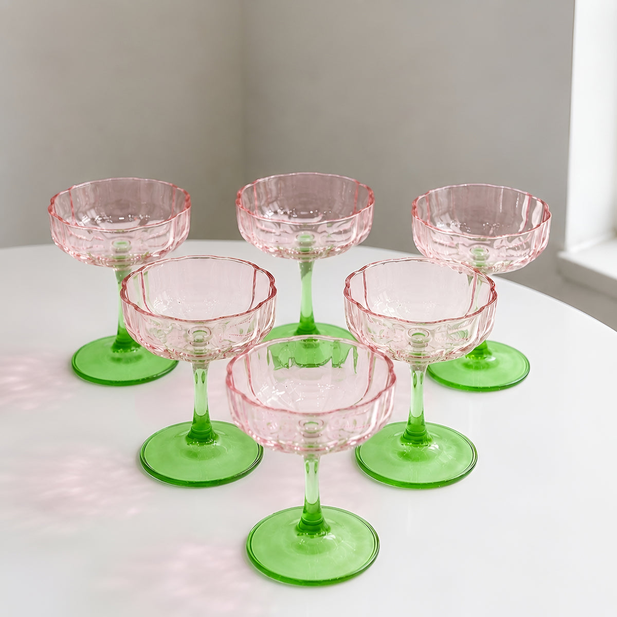 Allo Glass Ice Cream Bowl Set Of 6, 225 ml, Dessert Glasses For Icecream, Pudding, Candy, Snacks, Dates, Dry Fruit | Cups For Gifting And Serving, Gift Set Packaging | Floral Pink and Green Glass Bowl