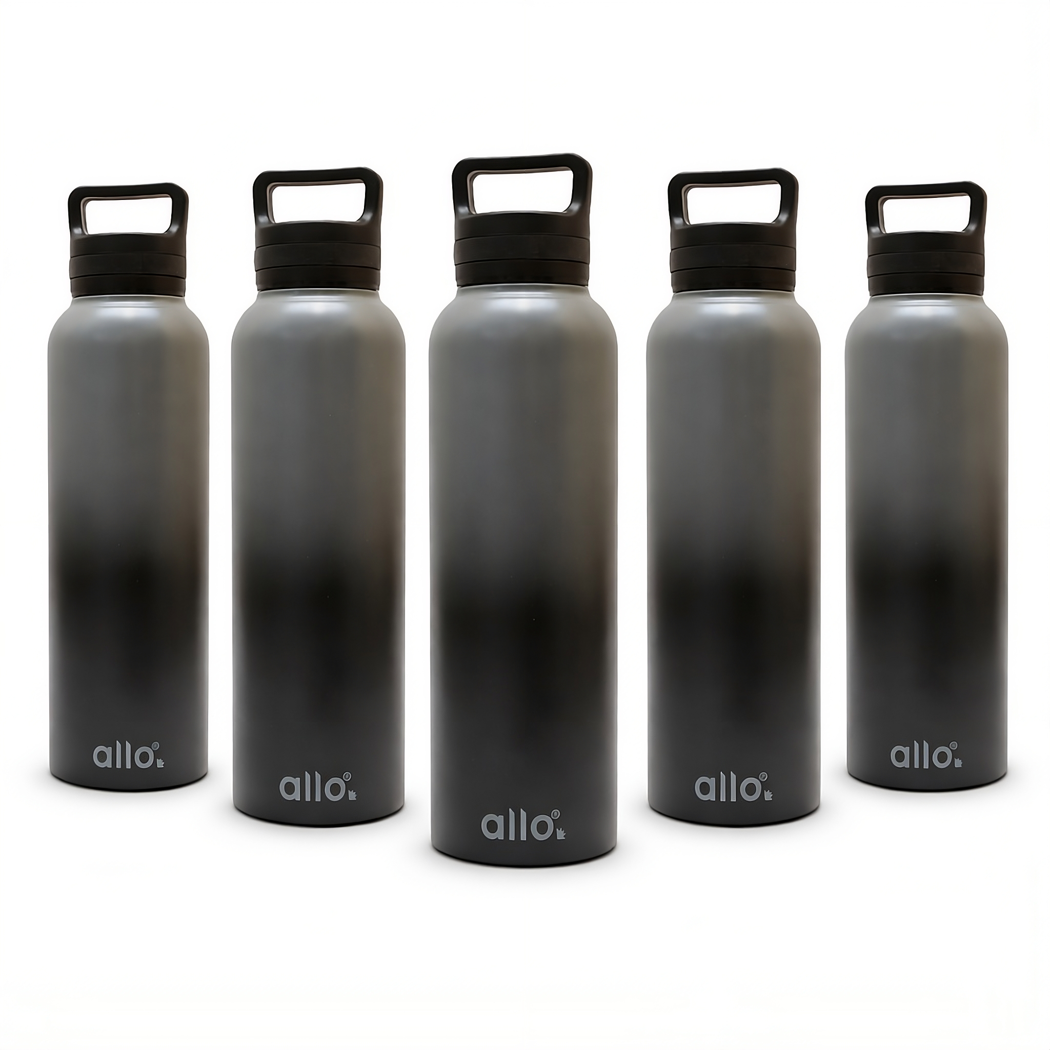 Allo Stainless Steel Water Bottle For Adults, Kids 1 Litre Water Bottles For School, Office, Sports, Gym 1L Water Bottle For Men & Women, Pack Of 5, Leak Proof, Bpa Free,Dark Grey and Black Handle Cap