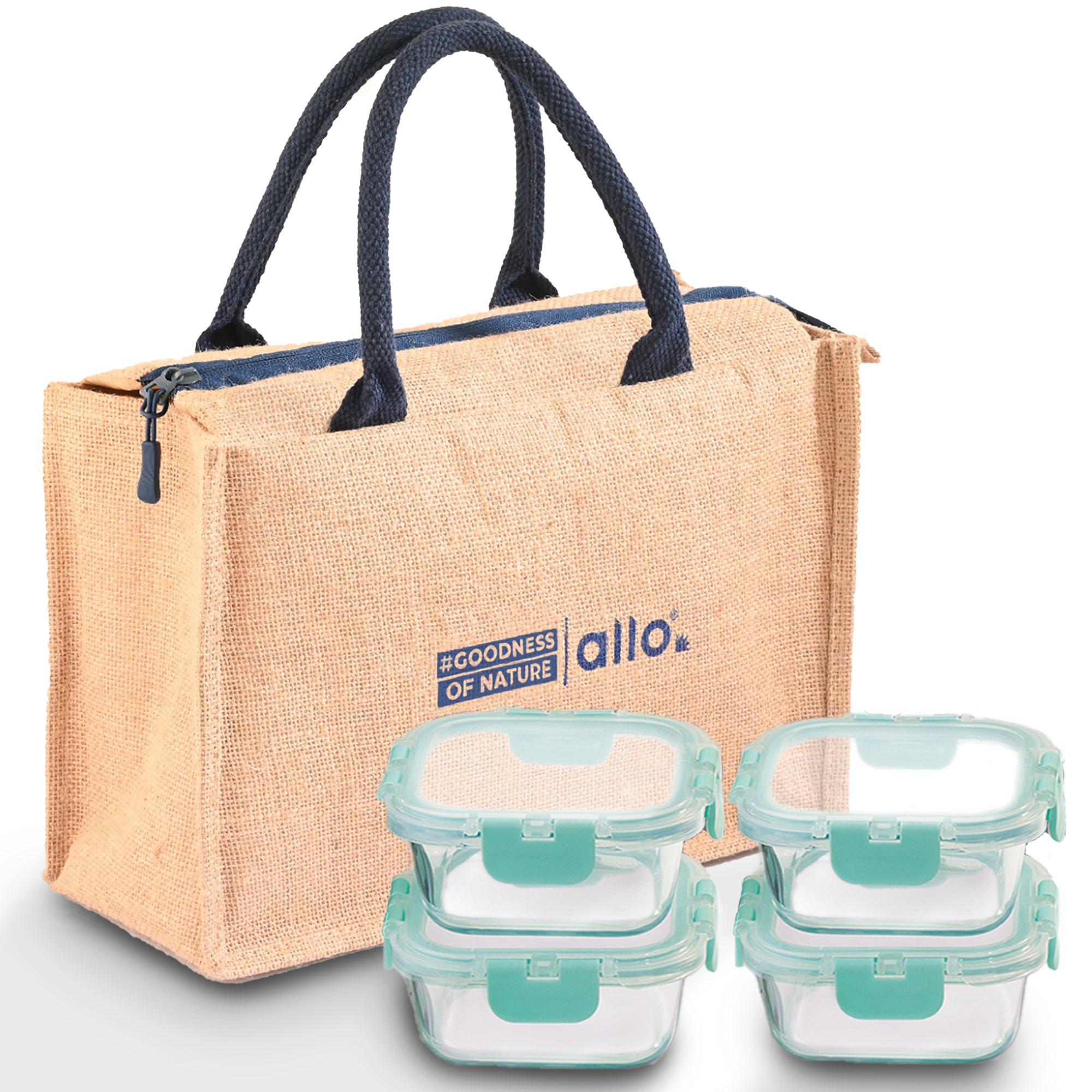 Allo Food Safe Glass Lunch Box with Break Free Detachable Lock, 450°C Microwave Safe Lunch Box, Borosilicate Glass Tiffin for office with Jute Tiffin Bag, Set of 4, 310ml x 4, Square