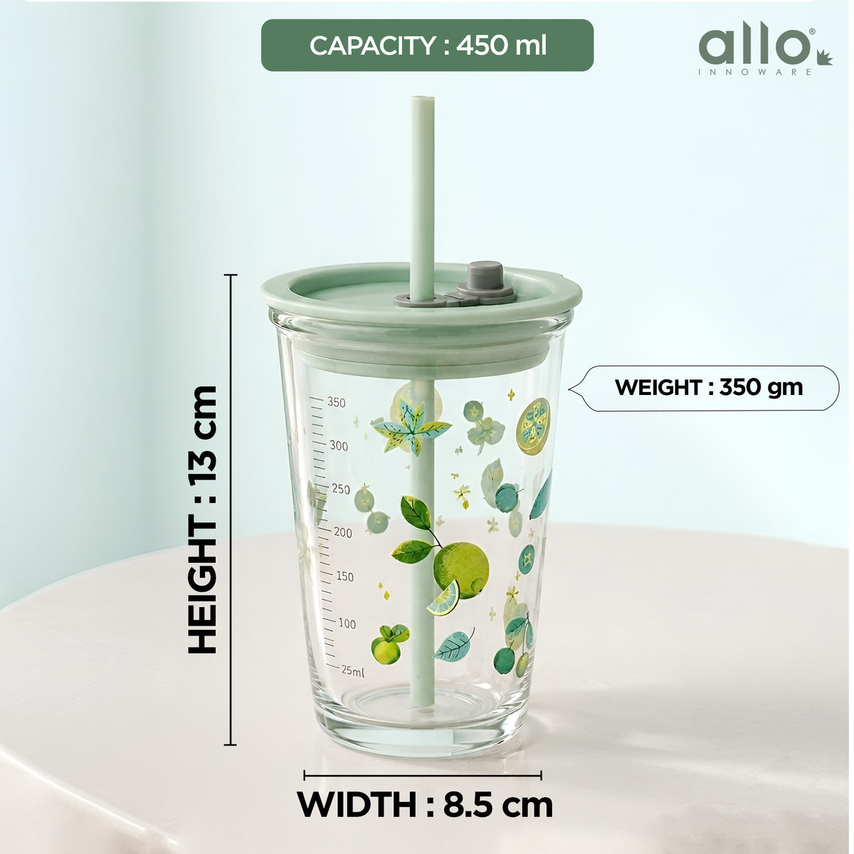 Allo Reusable Glass Mug Sipper Tumbler with Straw, Unique 2 in 1 ANTI Spill Lid | Microwave Safe Leakproof Glass with Anti-Slip Grip for Hot & Cold Coffee| Car, Office, Travel use | 450ml (Green Pear)