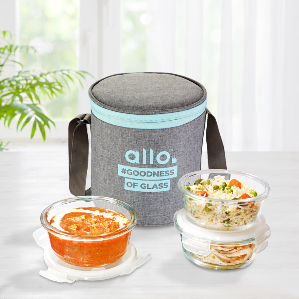 Allo Food Safe Glass Lunch Box, 450°C Microwave Safe Lunch Box, Borosilicate Glass Tiffin for office with Canvas Grey Tiffin Bag, Set of 3, 400ml x 3, Round