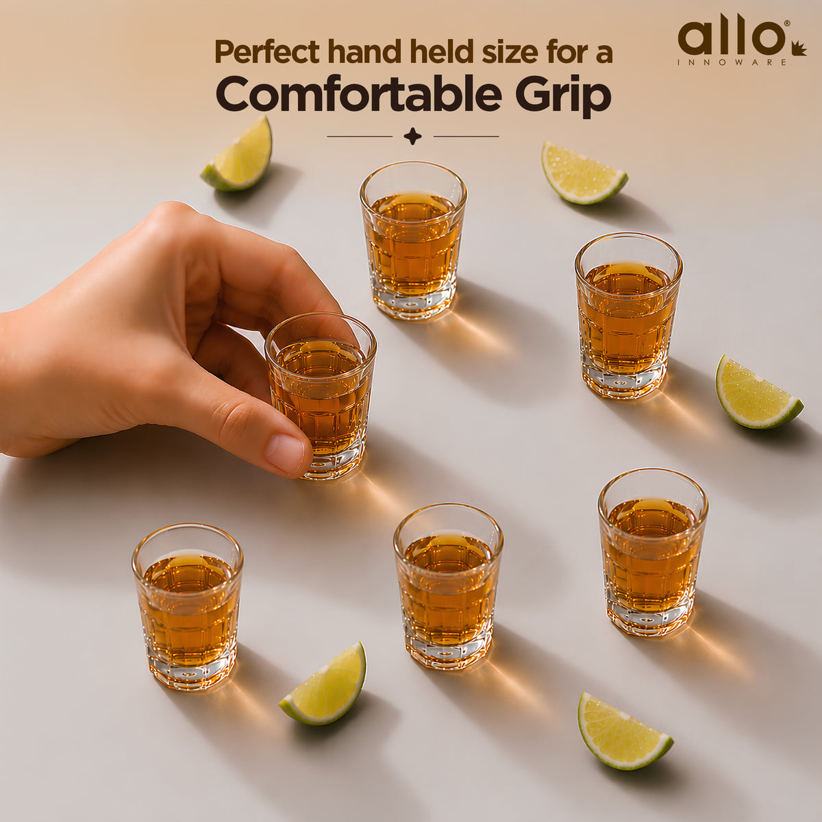 Allo Shot Glasses Set Of 6, 60 ml, Small Glass For Vodka, Tequila, Liquor, Wine, Party, Bar | Gift Set Packaging | Transparent | Square Grid Shot Glass