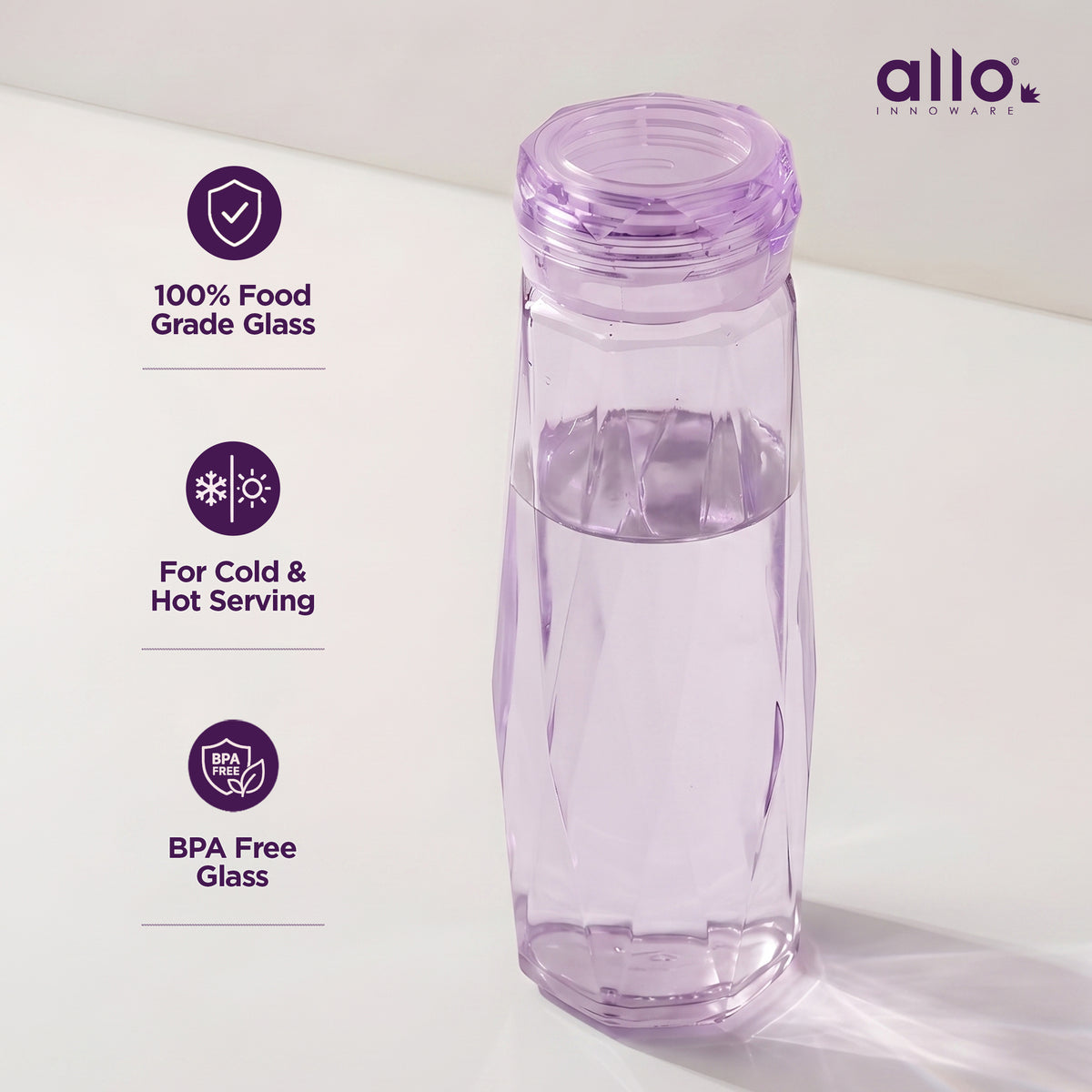 Allo Glass Water Bottle For Women & Men, 450 ml, Aesthetic H2O Bottles For Drinking Detox Water, Juice, Milk, Soda | 0.4 Ltr Bottle For Fridge, Storage, Home | Gift Set Packaging | Geometric Purple