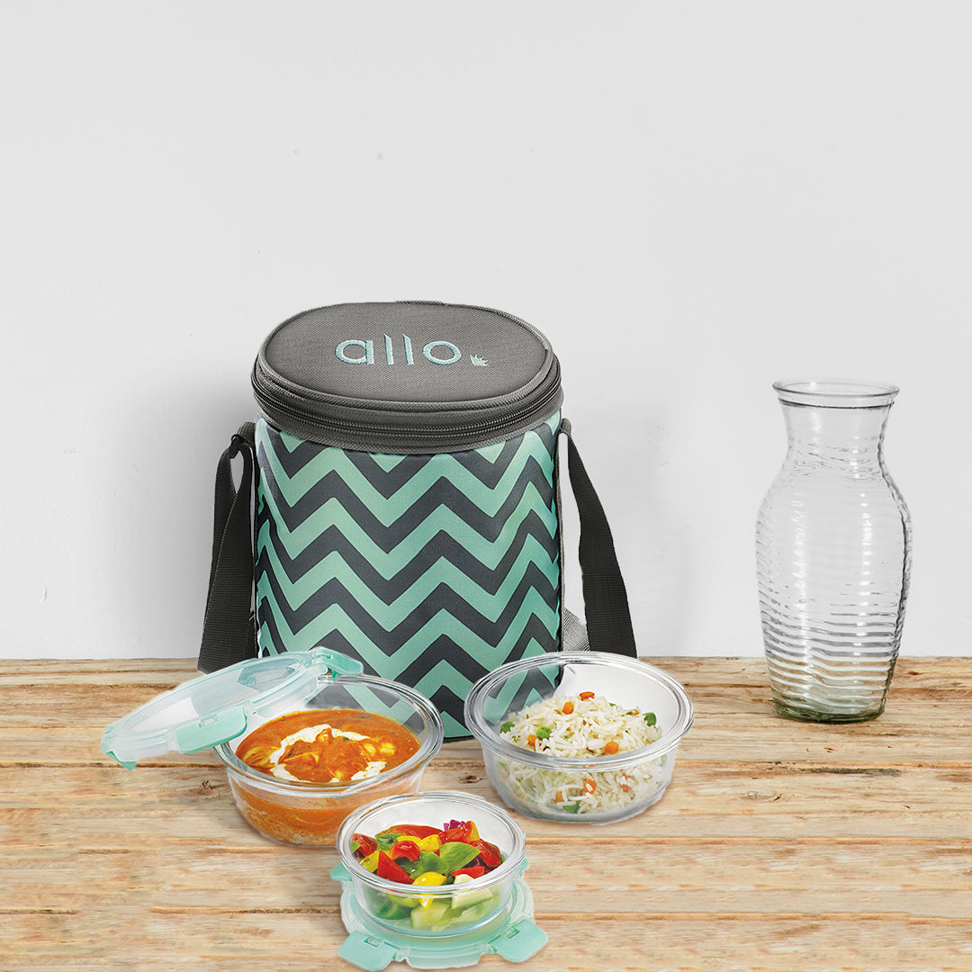 Allo Food Safe Glass Lunch Box with Breakfree Detachable Lock, Microwave Safe Lunch Box Borosilicate Glass Tiffin for Office with Chevron Mint Tiffin Bag, Set of 3, 215ml x 1, 390ml x 2, Transparent