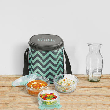 Allo Food Safe Glass Lunch Box with Breakfree Detachable Lock, Microwave Safe Lunch Box Borosilicate Glass Tiffin for Office with Chevron Mint Tiffin Bag, Set of 3, 215ml x 1, 390ml x 2, Transparent