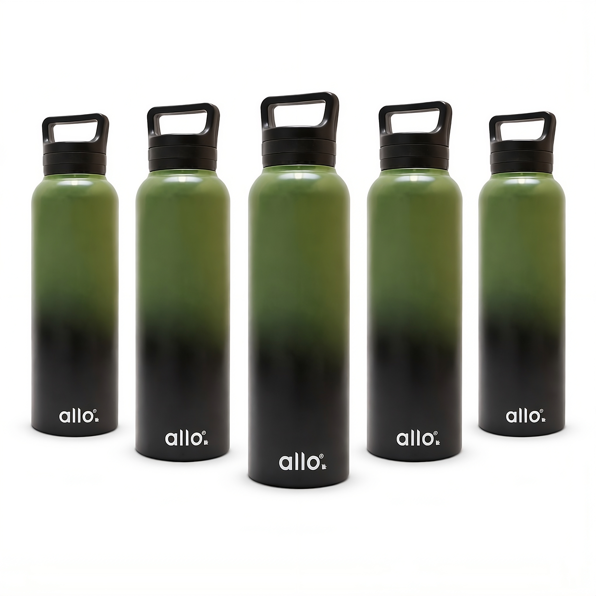 Allo Stainless Steel Water Bottle For Adults, Kids 1 Litre Water Bottles For School,Office,Sports,Gym 1L Water Bottle For Men & Women, Pack Of 5, Leak Proof, Bpa Free, Olive Green and Black Handle Cap