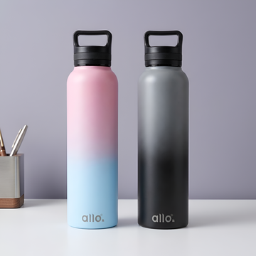 Allo Stainless Steel Water Bottle For Adults,Kids 1 Litre Water Bottles For School,Office,Sports,Gym 1L Water Bottle For Men & Women,Pack Of 2,Leak Proof,Bpa Free,Pink Baby Blue & dark grey Handle Cap