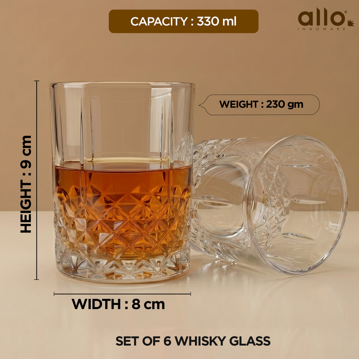 Allo Glass Set Of 6 Premium Whisky Glasses, 330 ml, For Drinking Water, Wine, Cocktail, Mocktail, Martini, Liquor, Alcohol, Scotch, Bourbon | Gift Set Packaging | Transparent Fluted Diamond Base Glass