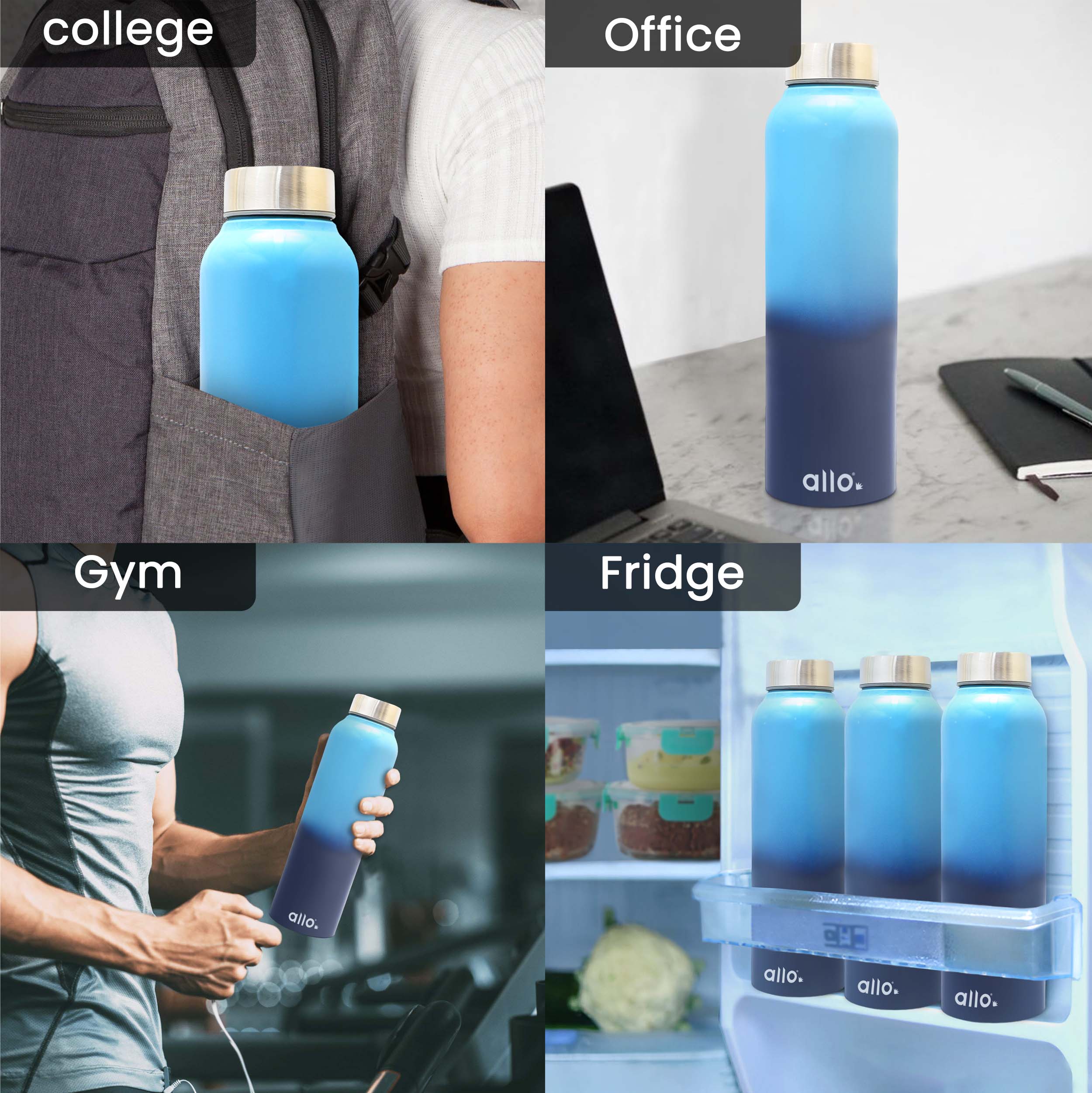Allo Stainless Steel Water Bottle For Adults, Kids 0.95 Litre Water Bottles For School, Office, Sports, Gym 950ML Water Bottle For Men And Women, Pack Of 2| Leak Proof, Bpa Free, Light & Dark Blue Steel Cap