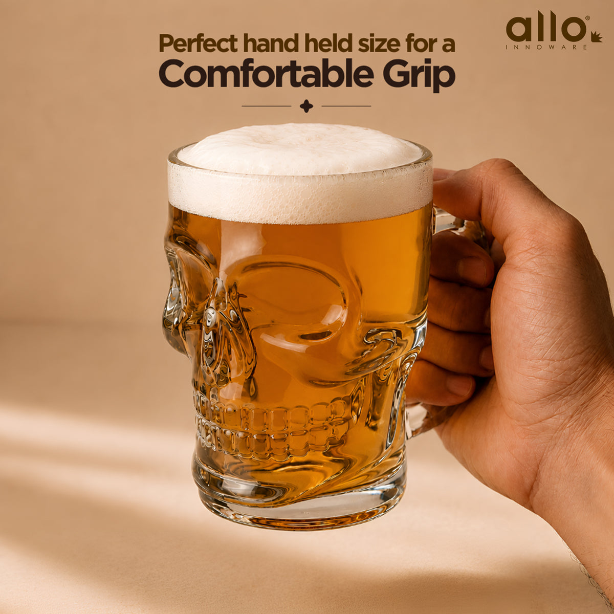 Allo Beer Mug And Drinking Glass Mugs, Set Of 2, 520 ml Each, Serves Beer, Juice, Mocktail, Alcohol, Cocktail, Drinking Glass With Handle, Fluted Glass | Gift Set Packaging | Transparent Skull Face