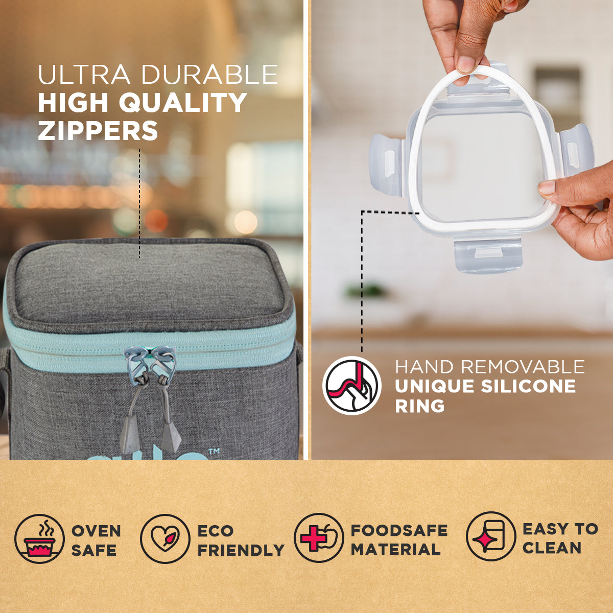 Allo Food Safe Glass Lunch Box, 450°C Microwave Safe Lunch Box, Borosilicate Glass Tiffin for office with Canvas grey Tiffin Bag, Set of 3, 320ml x 3, square