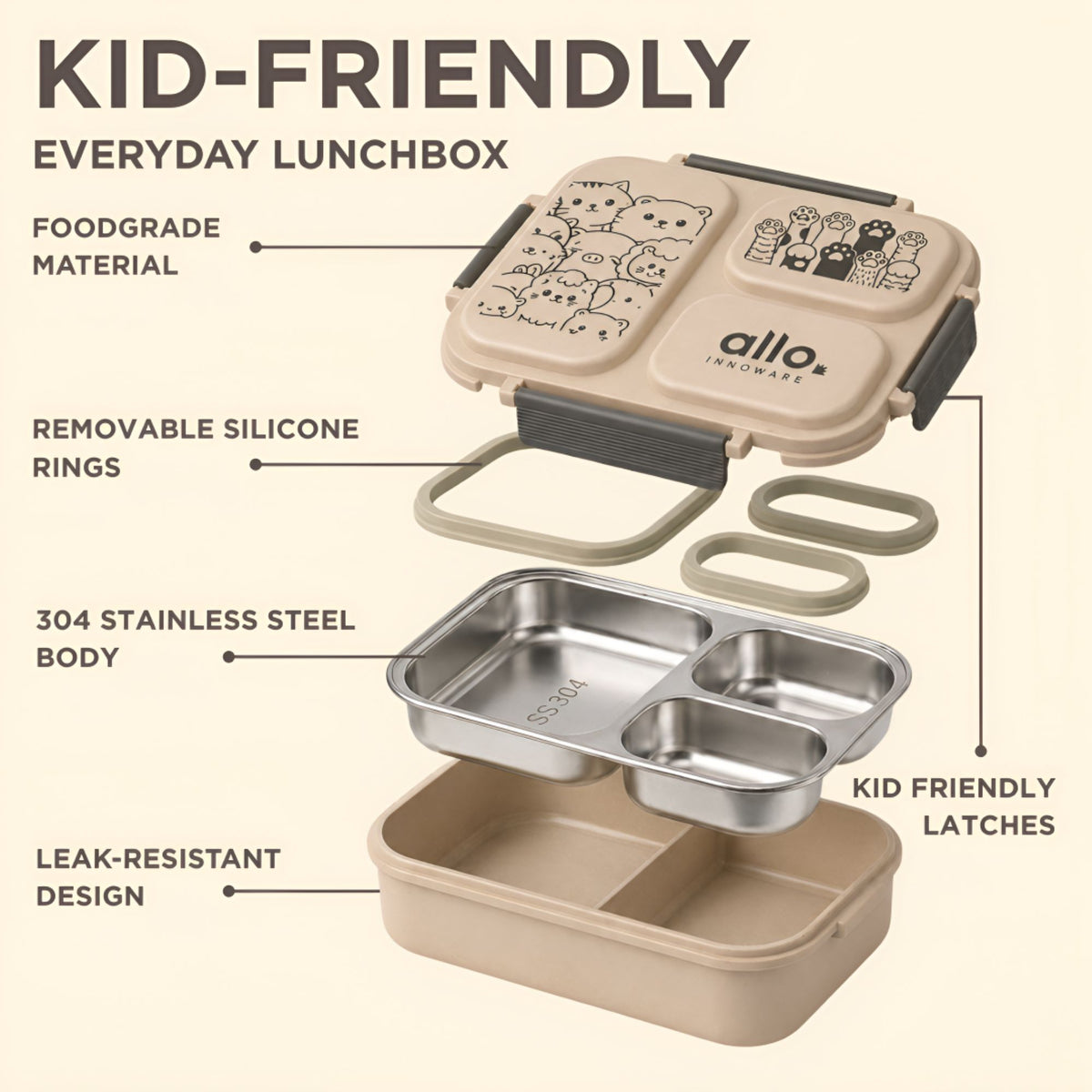 Allo Bento Stainless Steel Lunch Box for Kids- BIS Approved, 304 Stainless Steel 3 Compartment Leakproof Tiffin Box for Boys and Girls for School, Travelling, Baby Snacks, 740ml Beige Cats