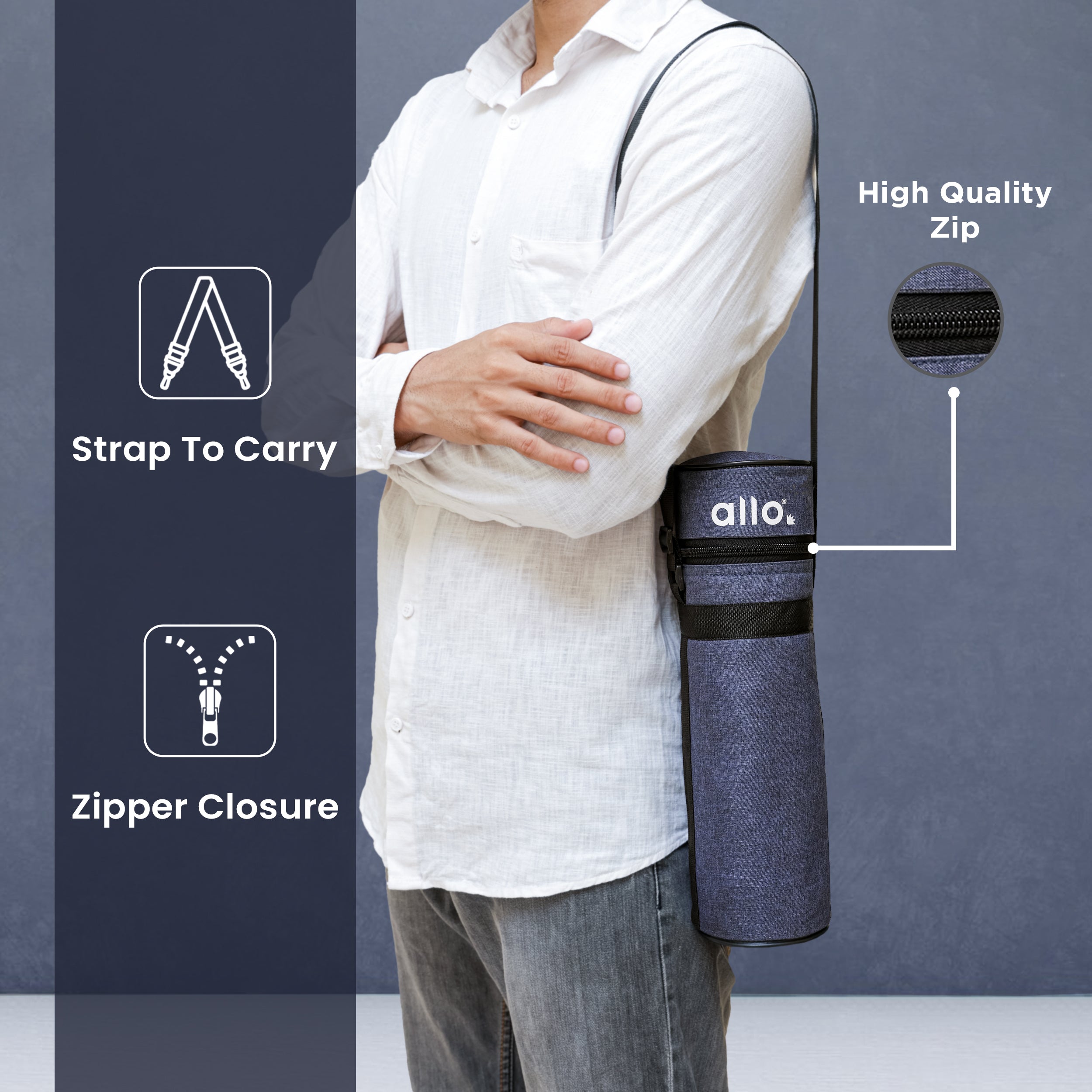 Allo Polyester Thermal Insulated 1L Bottle Cover – Water-Proof Modern Carrier Sleeve with Adjustable Shoulder Handle & Zipper Closure for Travel, Hiking, Office & School, ROYAL BLUE