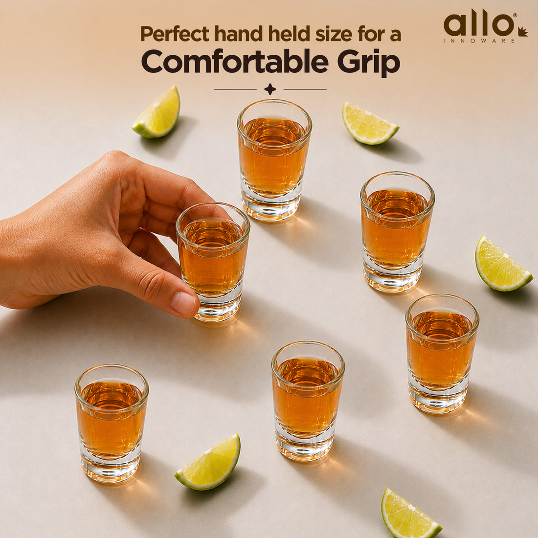 Allo Shot Glasses Set Of 6, 40 ml, Small Glass For Vodka, Tequila, Liquor, Wine, Party, Bar | Gift Set Packaging | Transparent | Classic Curved Edge Shot Glass