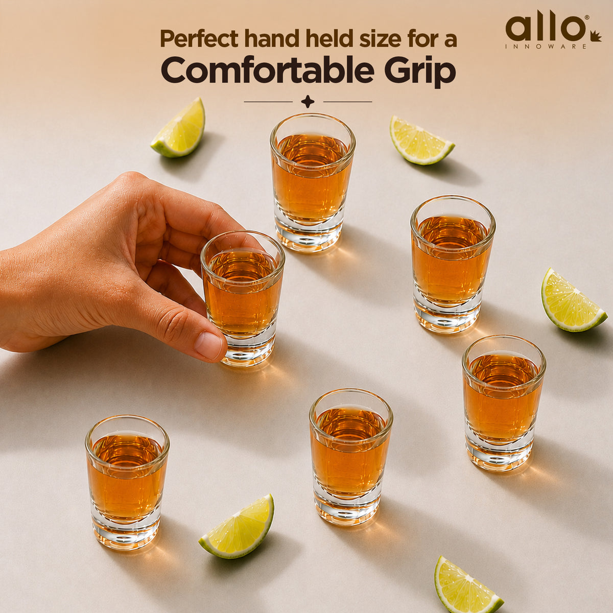 Allo Shot Glasses Set Of 6, 40 ml, Small Glass For Vodka, Tequila, Liquor, Wine, Party, Bar | Gift Set Packaging | Transparent | Classic Curved Edge Shot Glass