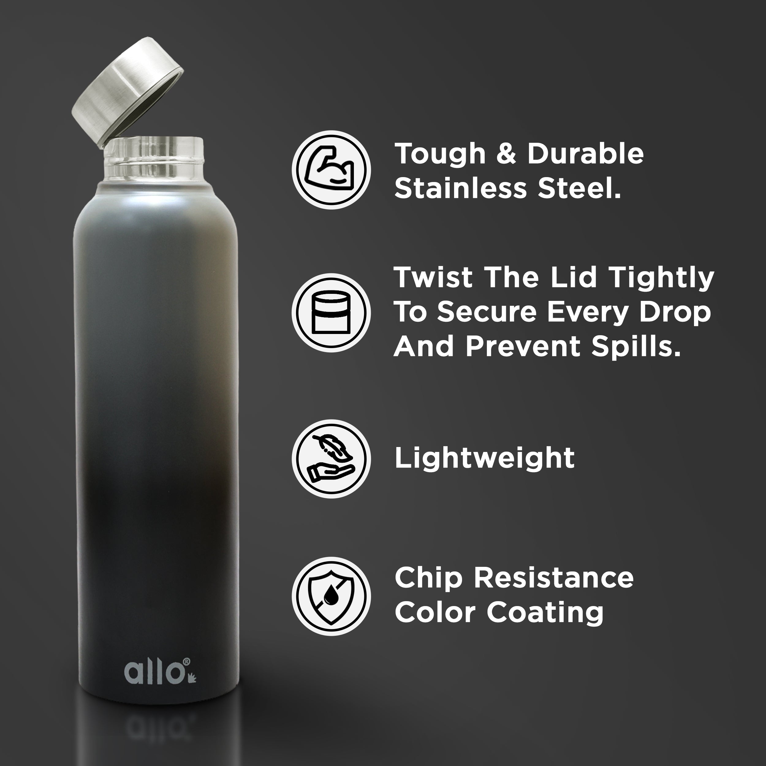Allo Steel Water Bottles Stainless Steel Sipper Water Bottle for adults, kids 0.95 Litre Water Bottles for School, Office, Sports, Gym 950ML Water Bottle for Men and women, Dark Grey & Black 950ml