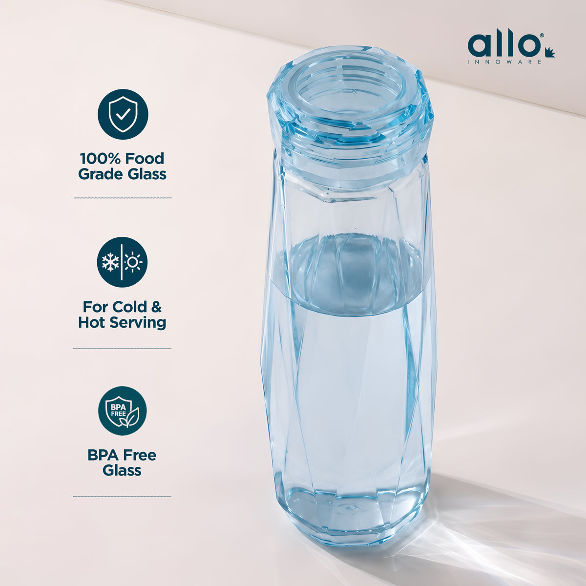 Allo Glass Water Bottle For Women & Men, 450 ml, Aesthetic H2O Bottles For Drinking Detox Water, Juice, Milk, Soda | 0.4 Ltr Bottle For Fridge, Storage, Home | Gift Set Packaging | Geometric Blue