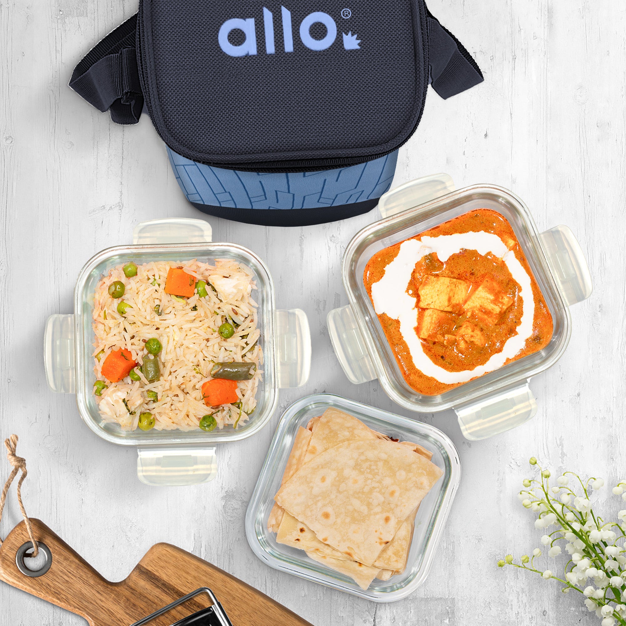 Allo Food Safe Glass Lunch Box, 450°C Microwave Safe Lunch Box, Borosilicate Glass Tiffin for office with Space Blue Tiffin Bag, Set of 3, 320ml x 3, square