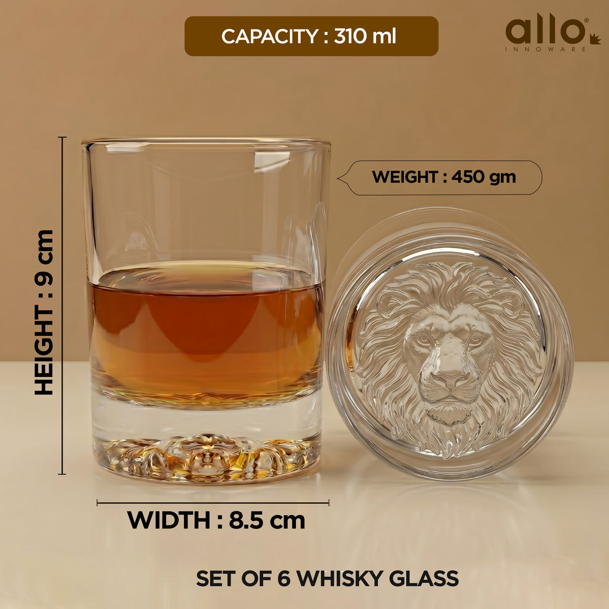 Allo Glass Set Of 6 Premium Whisky Glasses, 310 ml, For Drinking Water, Wine, Cocktail, Mocktail, Martini, Liquor, Alcohol, Scotch, Bourbon | Gift Set Packaging | Transparent Lion Crest Whiskey Glass