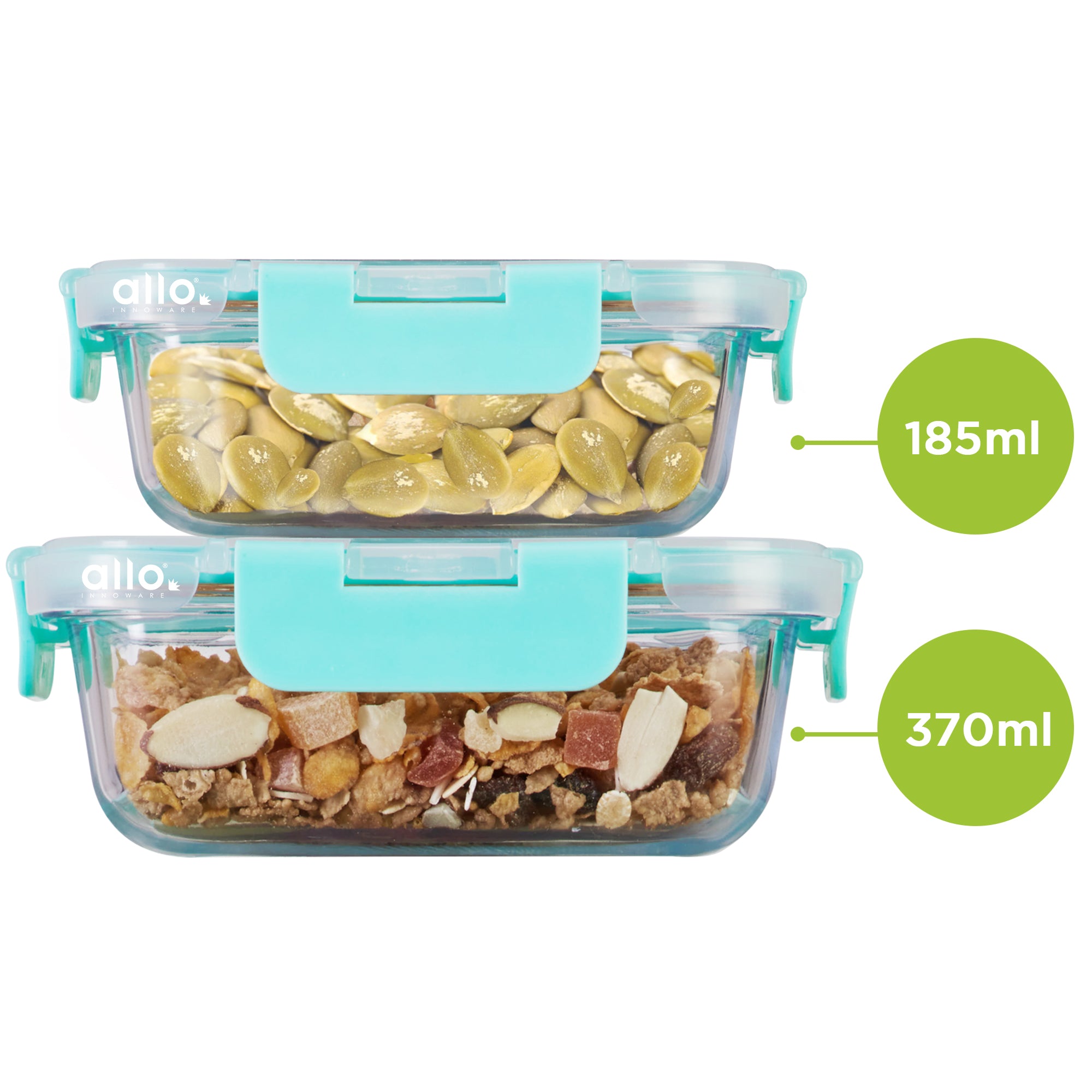 Allo Food Safe Glass Containers With Lids With Break Free Lock,Microwave Safe Containers,Borosilicate Meal Prep Glass Food Storage Containers For Kitchen,Set Of 2 185Ml,370Ml Rectangle - Transparent
