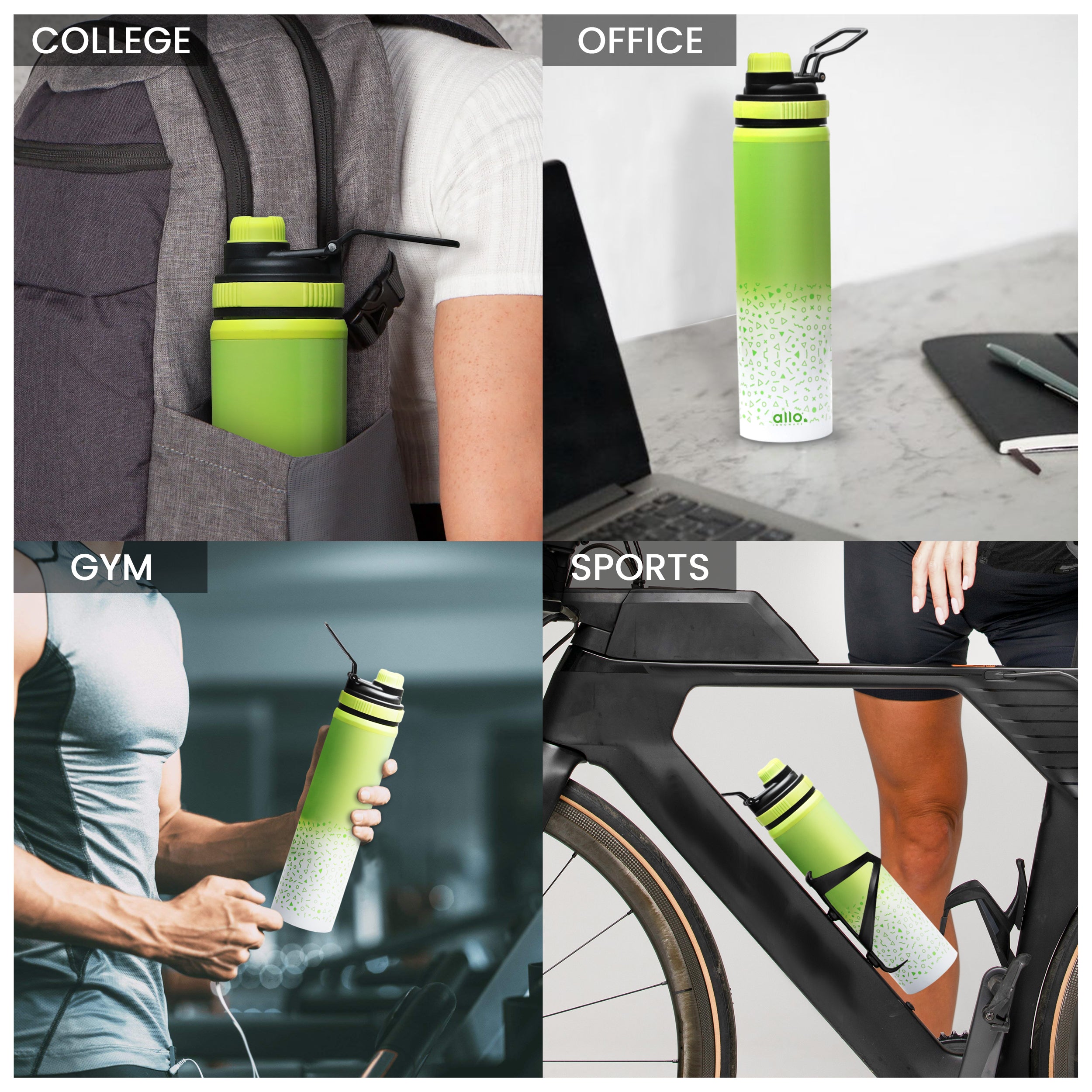 Allo Steel Water Bottles Stainless Steel Sipper Water Bottle for adults, kids 1 Litre Water Bottles for School, Office, Sports, Gym 1L Water Bottle for Men and women, Green White 600ml