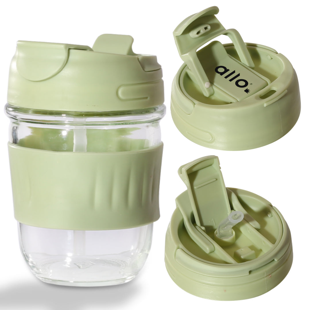 Allo Reusable Glass Mug Sipper Tumbler with Straw, Unique 2 in 1 Anti Spill Lid | Microwave Safe Leakproof Glass with Anti-Slip Grip for Hot & Cold Coffee|| Car, Office, Travel use | 350ml (Green)