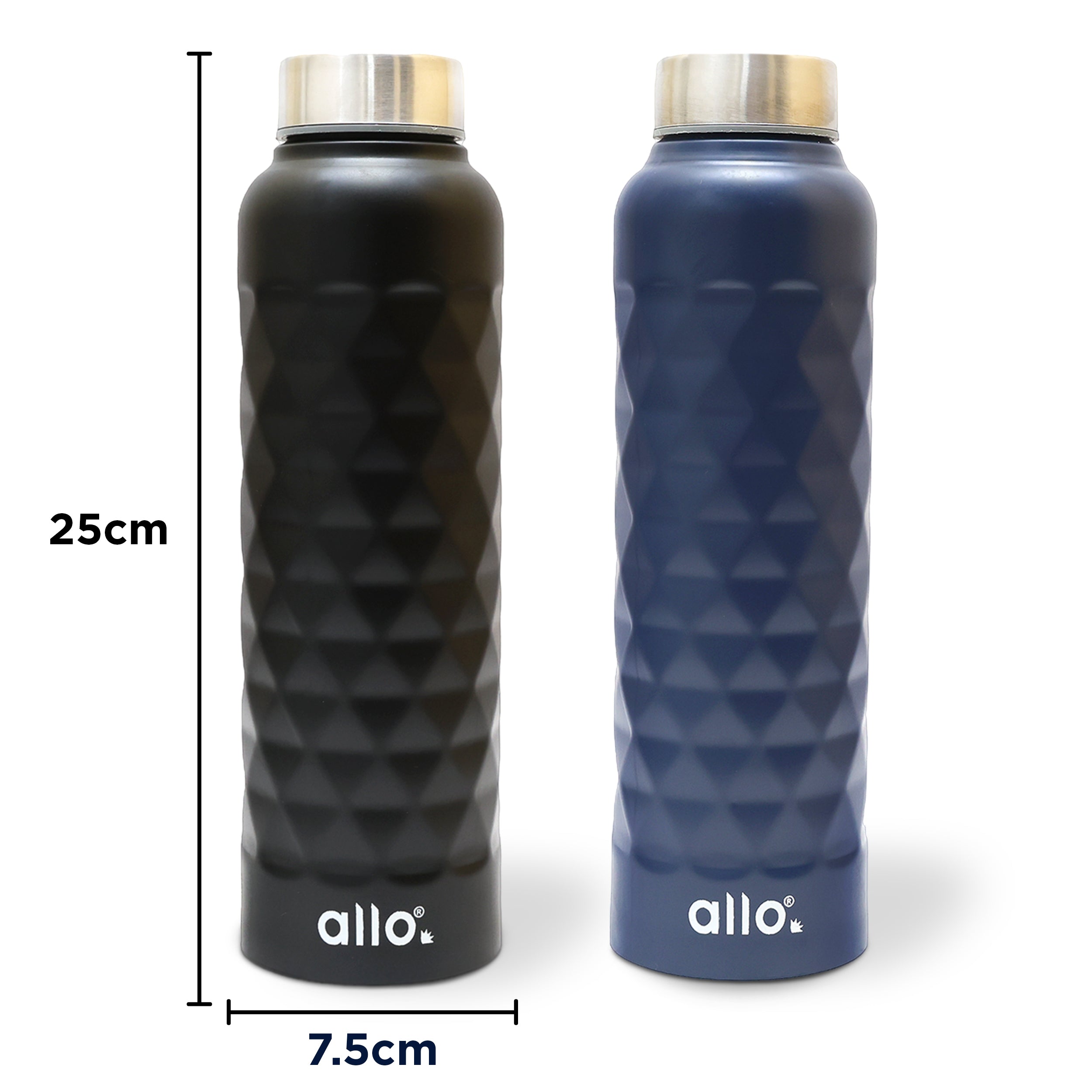 Allo Stainless Steel Water Bottle For Adults, Kids 0.95 Litre Water Bottles For School, Office, Sports, Gym 950ML Water Bottle For Men And Women, Pack Of 2|Leak Proof, Bpa Free,Blue &Black Diamond Plain Cap