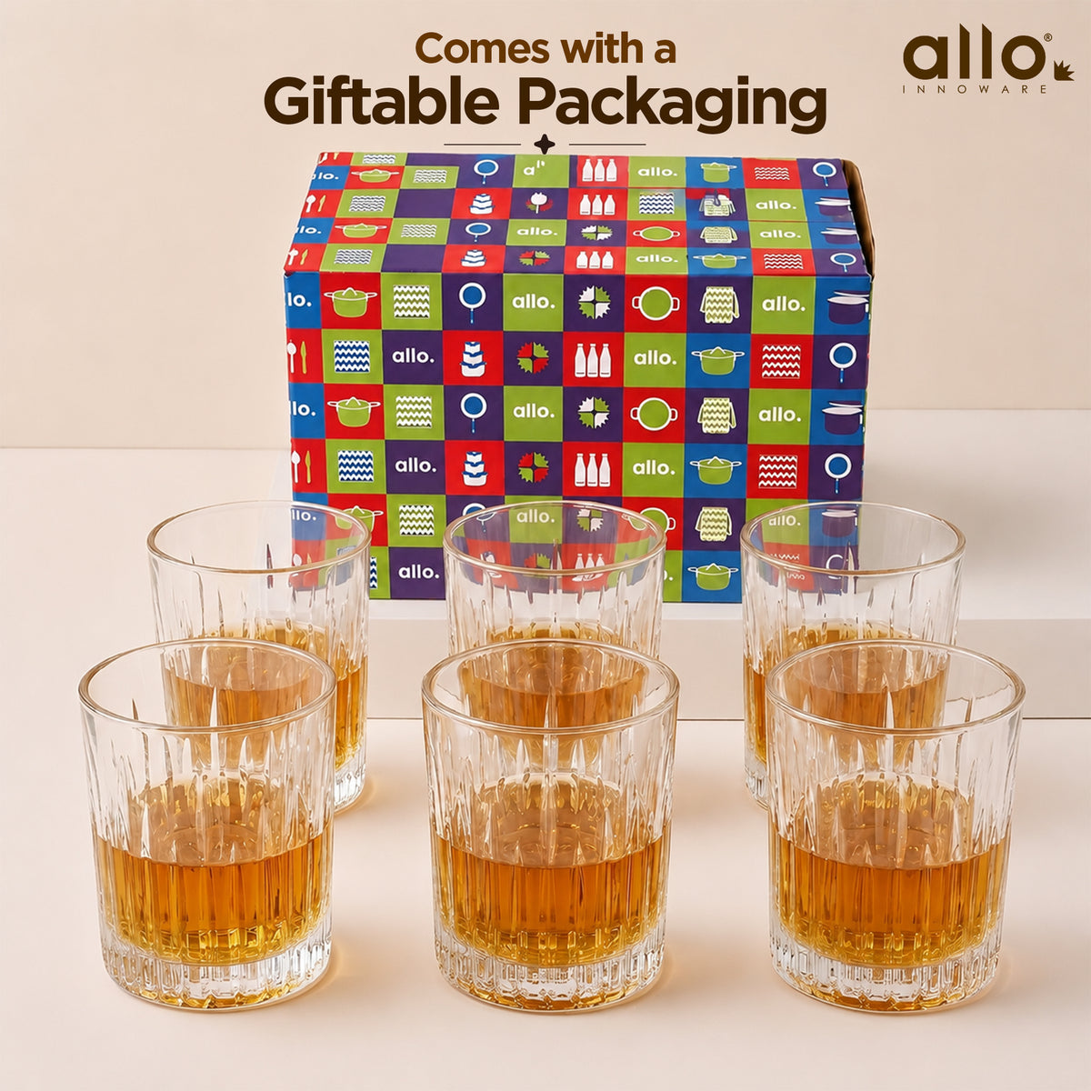 Allo Glass Set Of 6 Premium Whisky Glasses, 310 ml, For Drinking Water, Wine, Cocktail, Mocktail, Martini, Liquor, Alcohol, Scotch, Bourbon | Gift Set Packaging | Transparent Fluted Cut Whiskey Glass