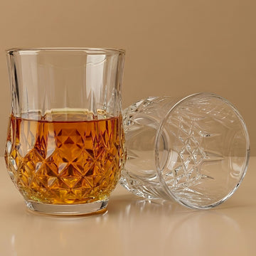 Allo Glass Set Of 6 Premium Whisky Glasses, 270 ml, For Drinking Water, Wine, Cocktail, Mocktail, Martini, Liquor, Alcohol, Scotch, Bourbon | Gift Set Packaging | Transparent Quilted Diamond Cut Glass
