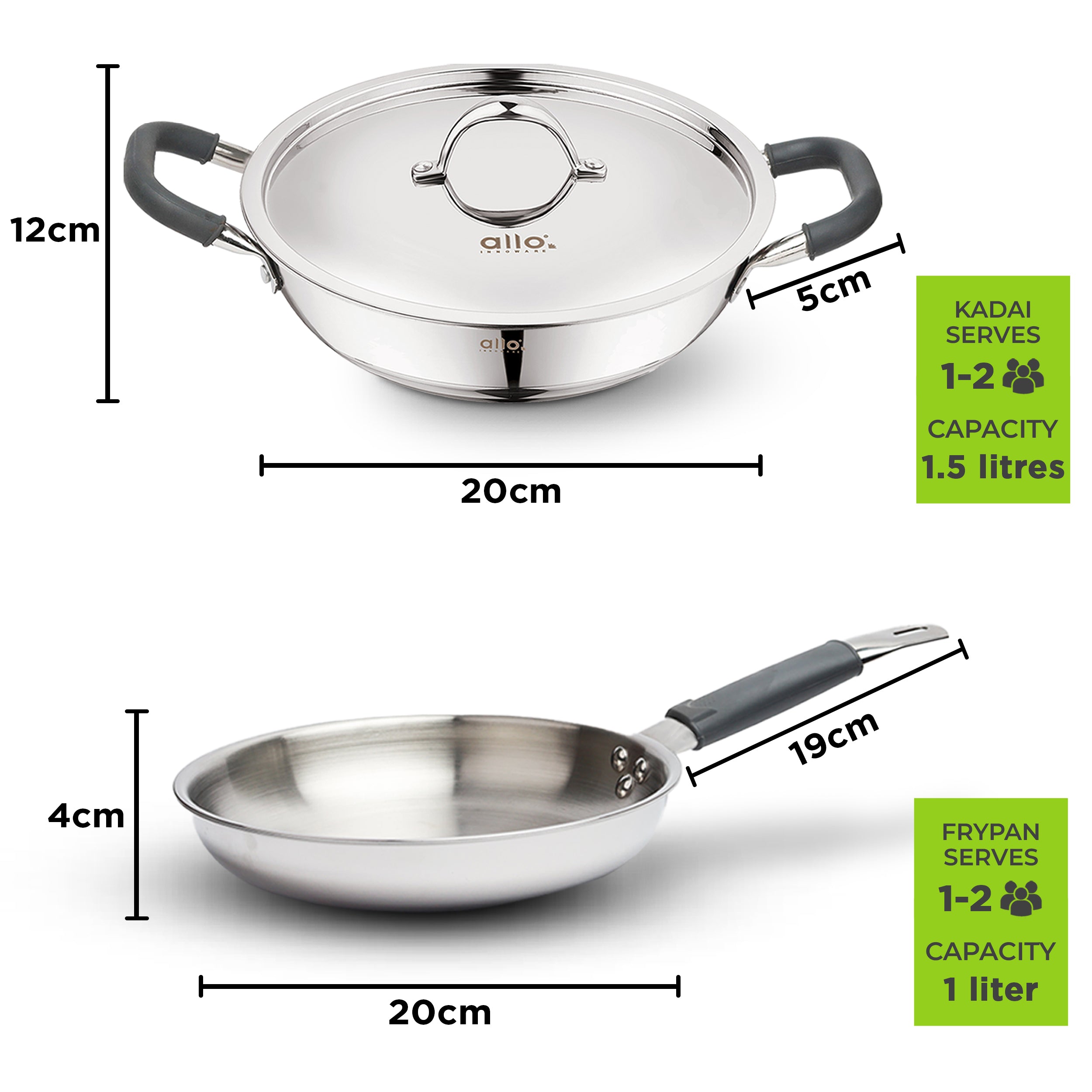 Allo Stainless Steel Triply Cookware Set | Kadai with Lid (20 Cm/1.5 L)+ Fry Pan (20 Cm/1 L) | Perfect Cooking Combo for Curry/Stir-Fry/Deep-Fry/DryVeg/Sauta Induction Friendly Set of 3Pcs | Nonstick