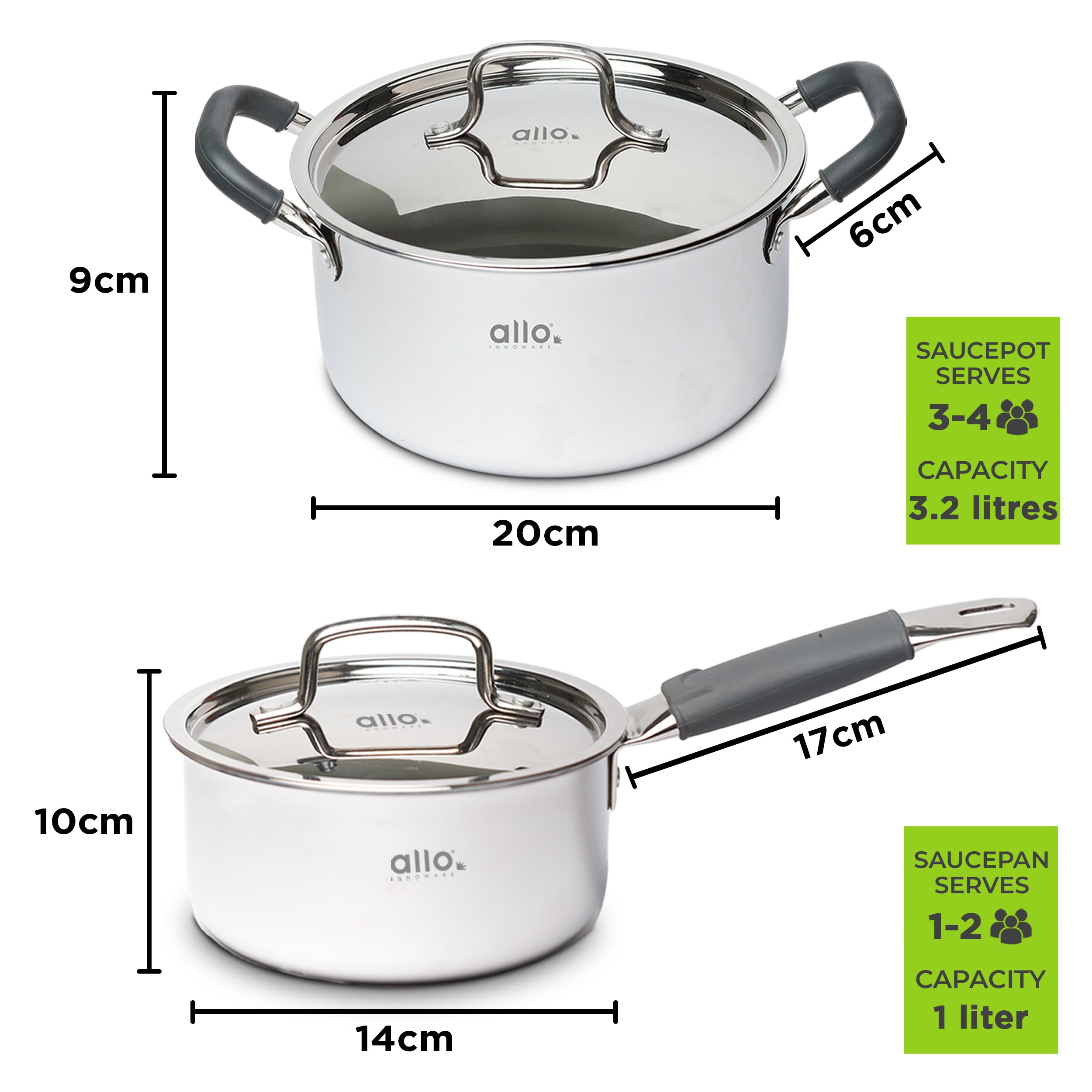 Allo Stainless Steel Triply Cookware Set | Kadai (20 Cm/1.5 L)+ Fry Pan (20 Cm/1 L)+ Saucepot (20 Cm/3.2 L)+ Saucepan (14 Cm/1 L) | Cooking Combo Stir-Deep-Fry/Induction Friendly Set of 7 | Nonstick
