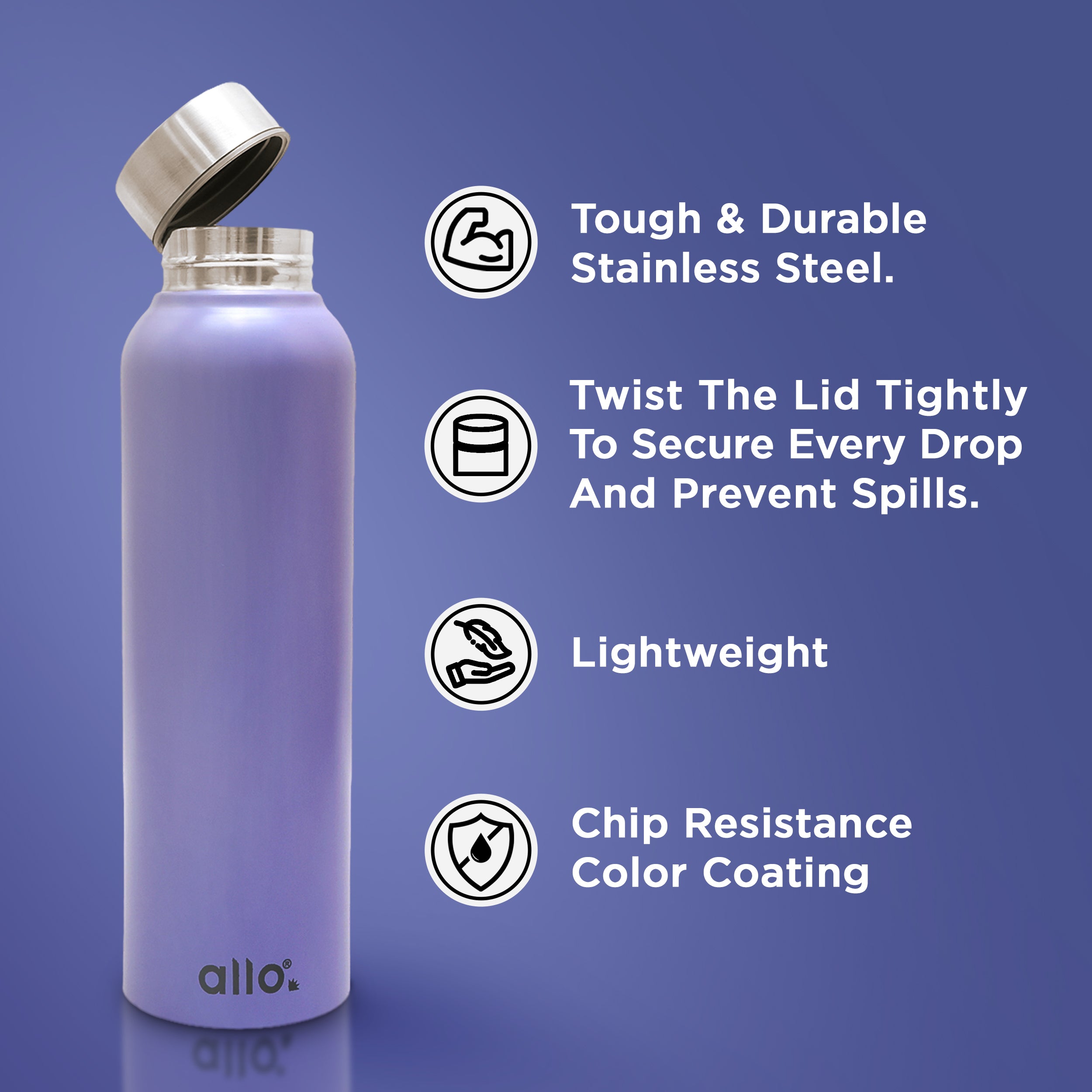 Allo Stainless Steel Water Bottle For Adults, Kids 0.95 Litre Water Bottles For School, Office, Sports, Gym 950ML Water Bottle For Men And Women, Pack Of 2 | Leak Proof & Bpa Free, Lavender Steel Cap