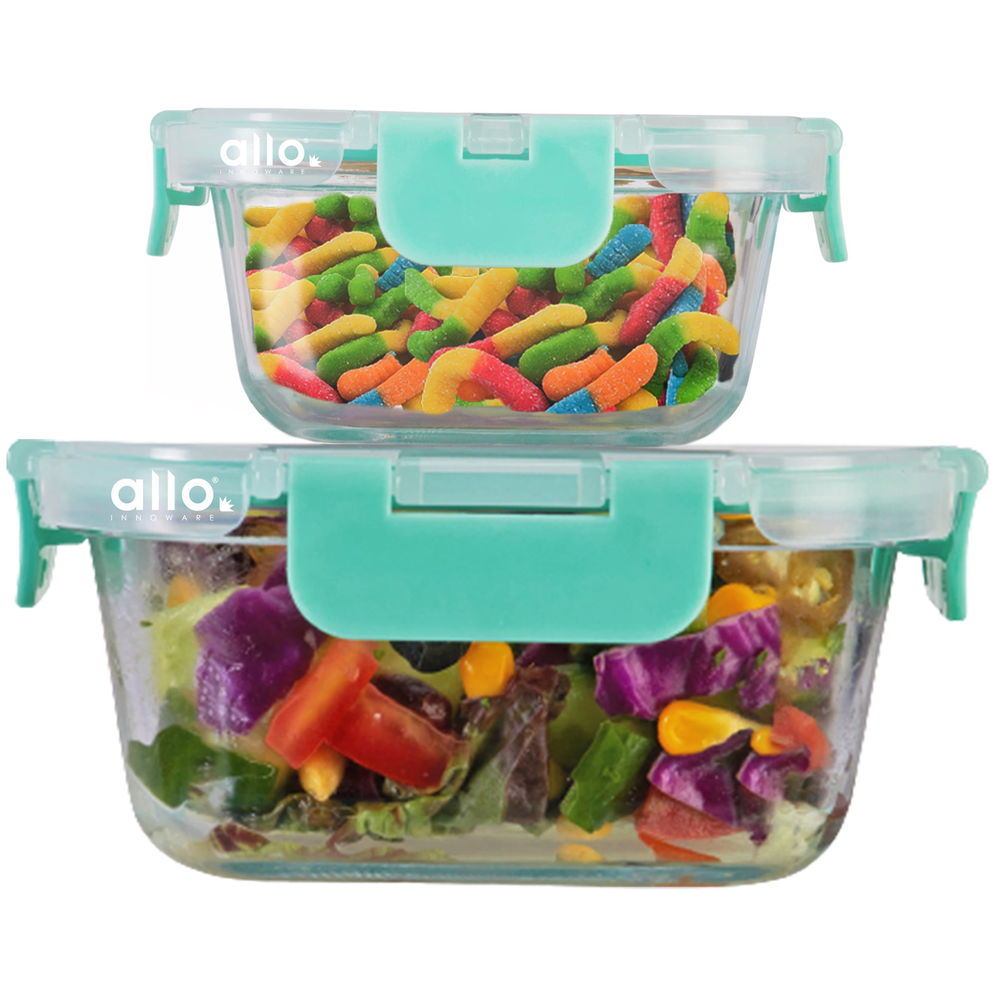 Allo Food Safe Glass Containers with Lids with Break Free Lock, Microwave Safe Containers, Borosilicate Meal Prep Glass Food Storage Containers for Kitchen, Set of 2 160ml, 520ml, Square.