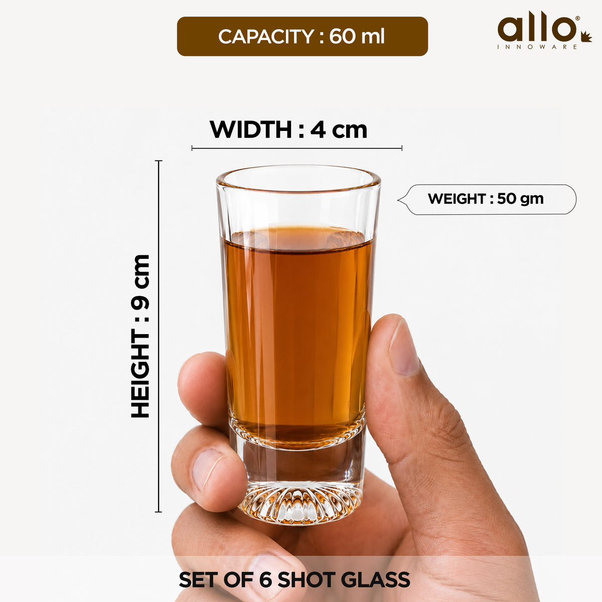 Allo Shot Glasses Set Of 6, 60 ml, Small Glass For Vodka, Tequila, Liquor, Wine, Party, Bar | Gift Set Packaging | Transparent | Crown Base Shot Glass
