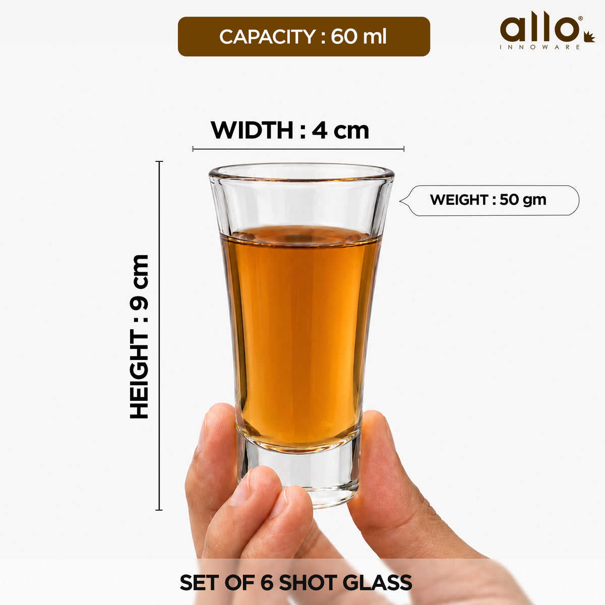 Allo Shot Glasses Set Of 6, 60 ml, Small Glass For Vodka, Tequila, Liquor, Wine, Party, Bar | Gift Set Packaging | Transparent | Tall Classic Shot Glass