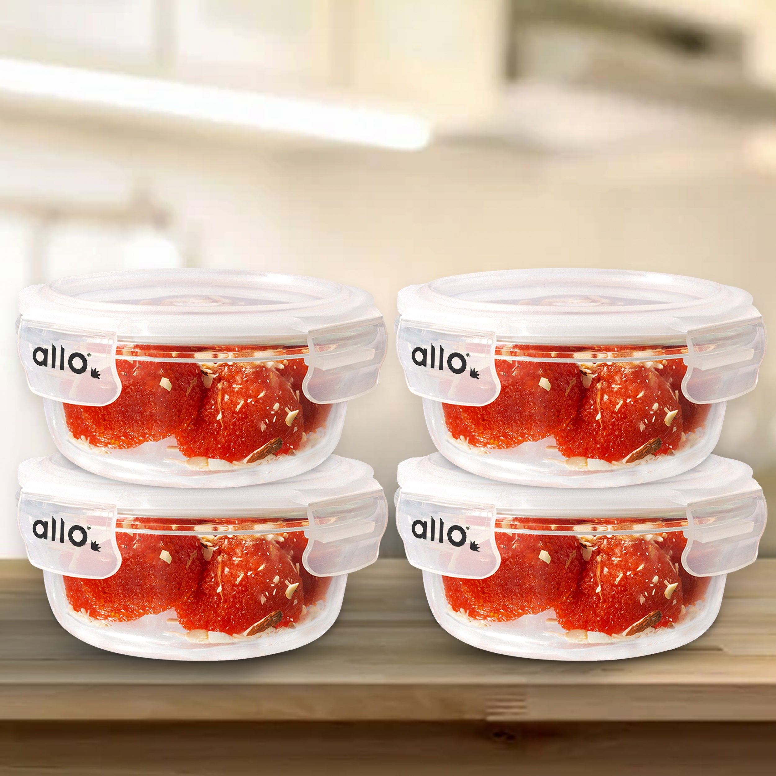 Allo Food Safe Glass Containers with Lids, 450°C Oven Microwave Safe Containers, High Borosilicate Meal Prep Glass Food Storage Containers for Kitchen, 400ml x 4, Round