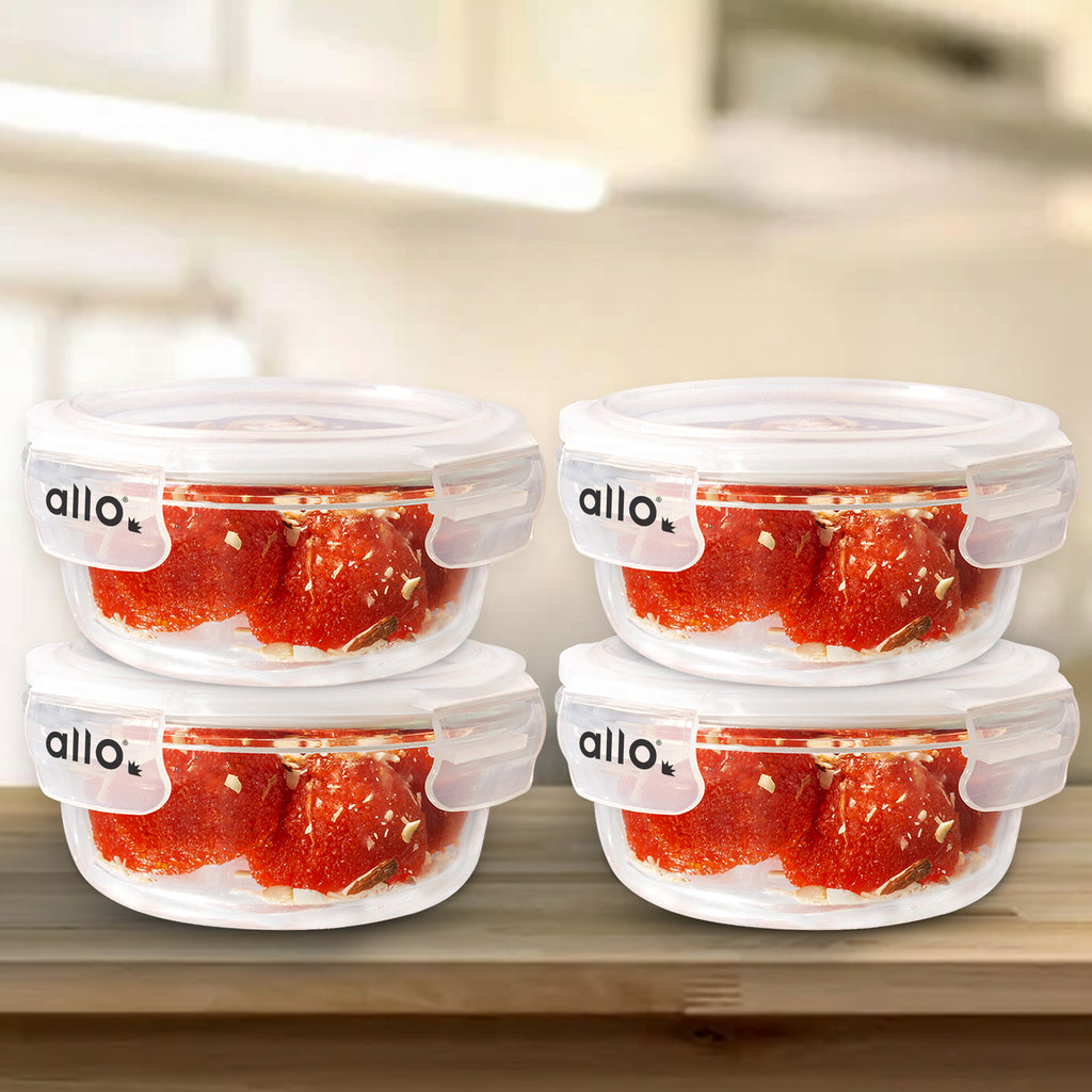 Allo Food Safe Glass Containers with Lids, 450°C Oven Microwave Safe Containers, High Borosilicate Meal Prep Glass Food Storage Containers for Kitchen, 400ml x 4, Round