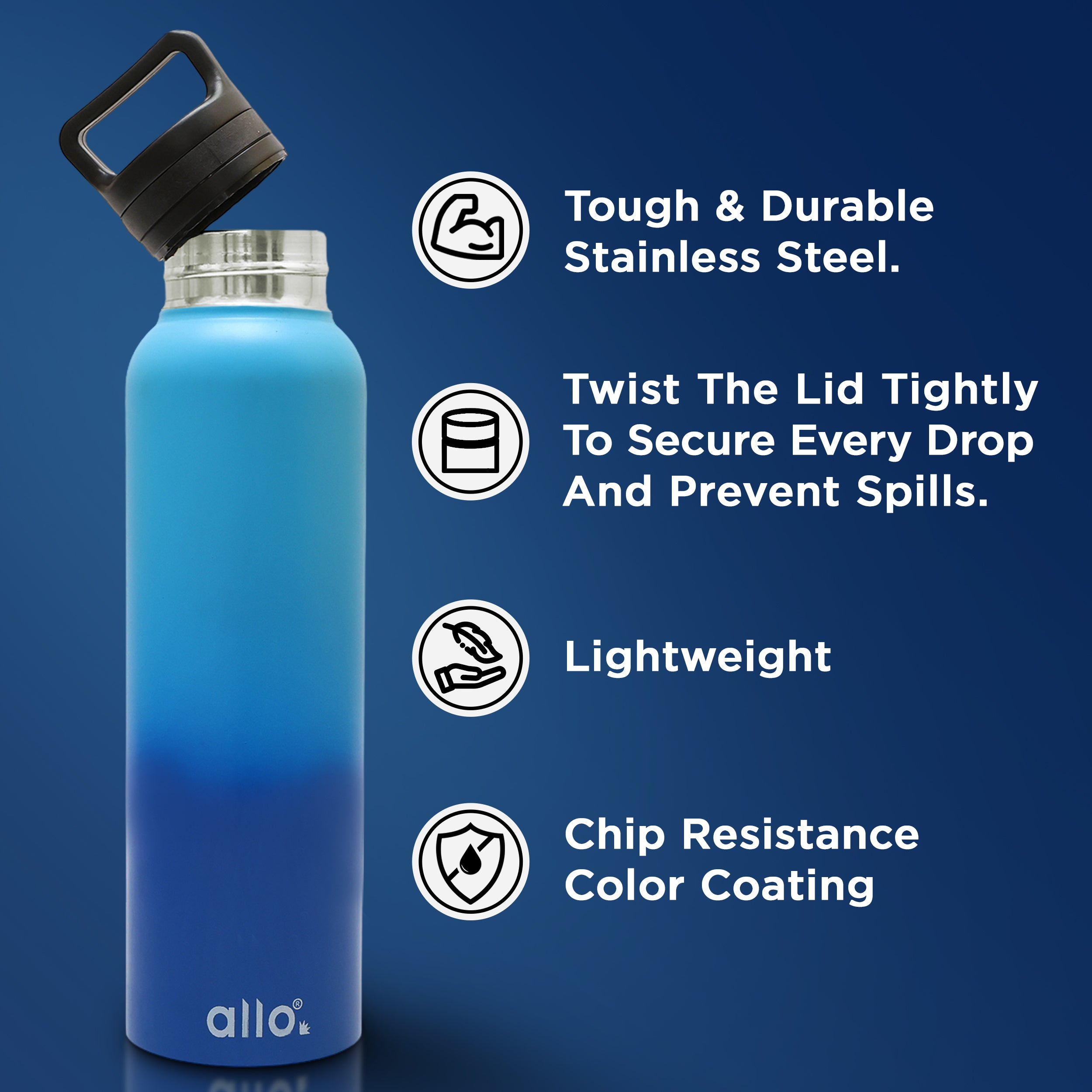 Allo Stainless Steel Water Bottle For Adults, Kids 1 Litre Water Bottles For School,Office,Sports,Gym 1L Water Bottle For Men & Women, Pack Of 2, Leak Proof, Bpa Free, Pink Baby Blue & Blue Handle Cap
