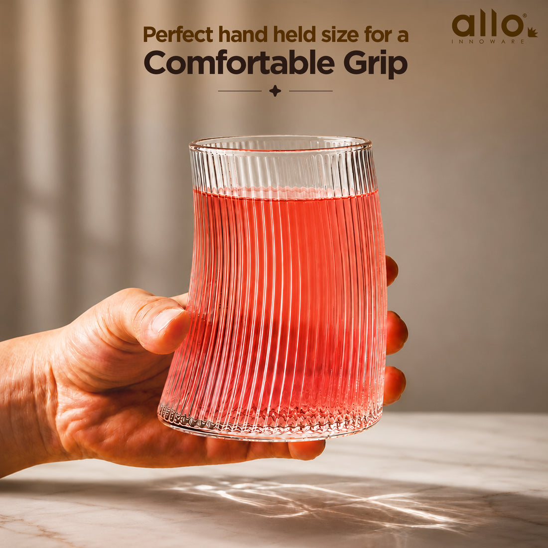 Allo Premium Glass Set Of 6, 425 ml, Latest Design Glasses For Water, Juice, Whisky, Cold Drink | Lead Free | Perfect For Home & Parties, Gift Set Packaging | Transparent Curved Rib Glass