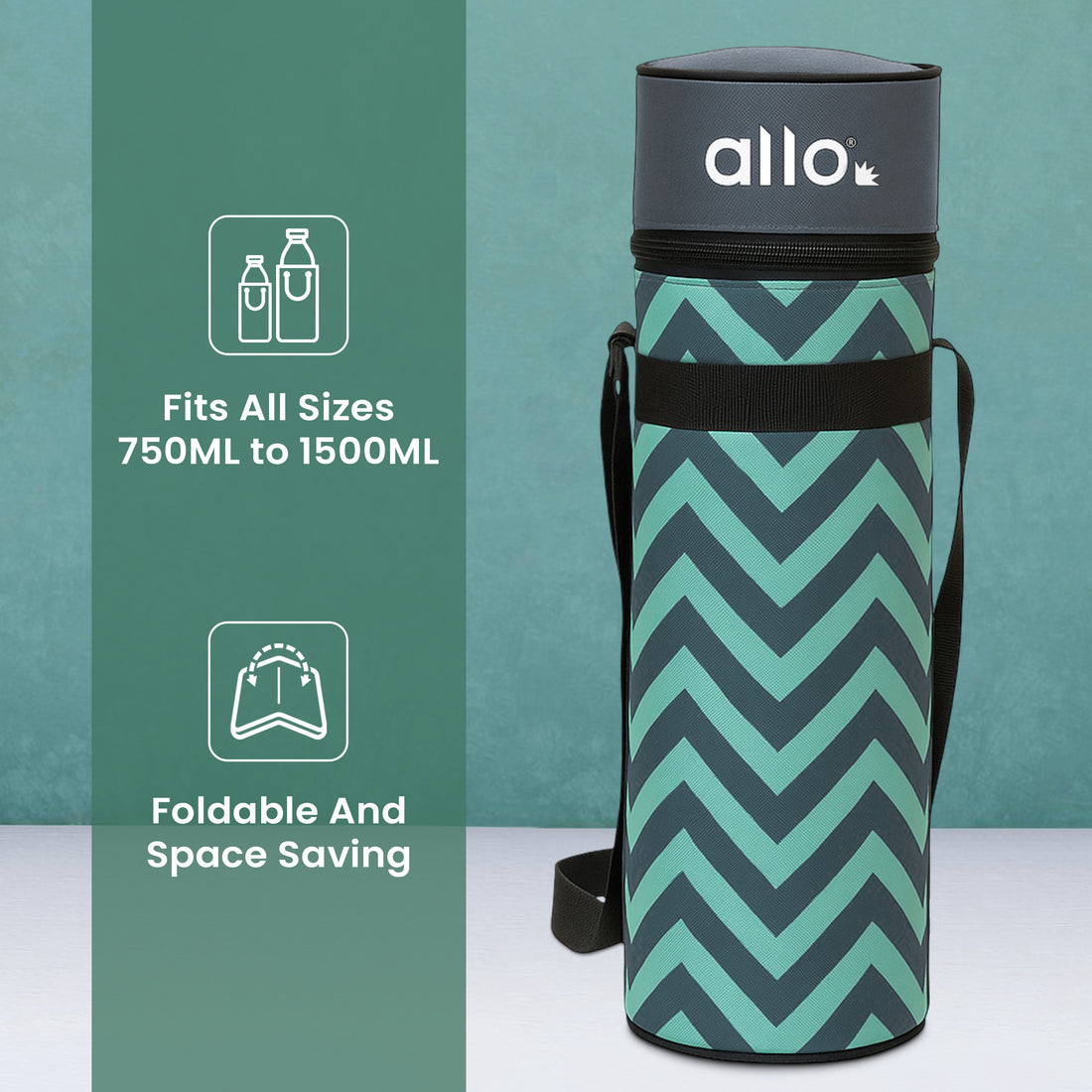Allo Polyester Thermal Insulated 1L Bottle Cover – Water-Proof Modern Carrier Sleeve with Adjustable Shoulder Handle & Zipper Closure for Travel, Hiking, Office & School, Chevron Mint