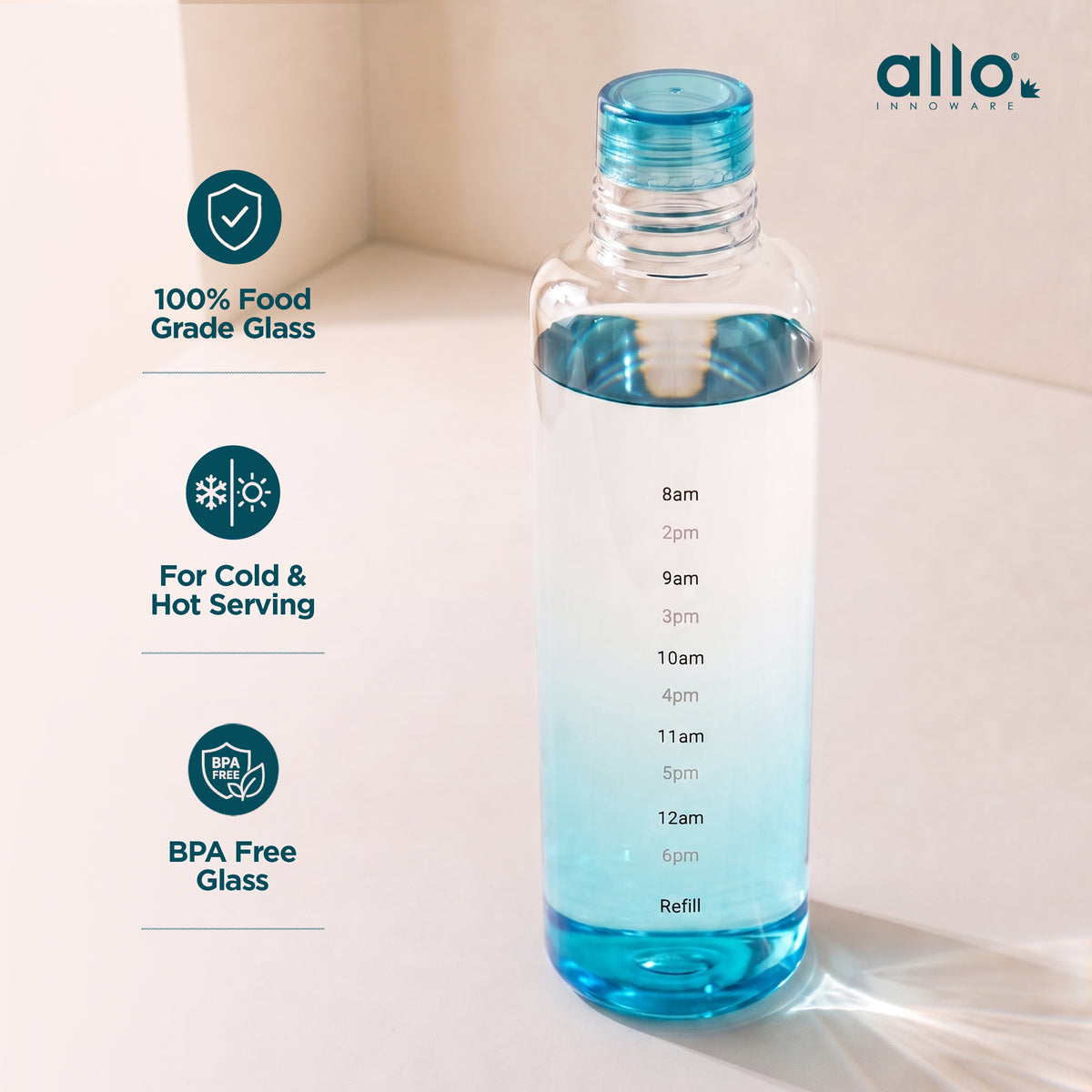 Allo Glass Water Bottle For Women & Men, 600 ml, Aesthetic H2O Bottles For Drinking Detox Water, Juice, Milk, Soda | 0.4 Ltr Bottle For Fridge, Storage, Home | Gift Set Packaging | Time Marked Blue