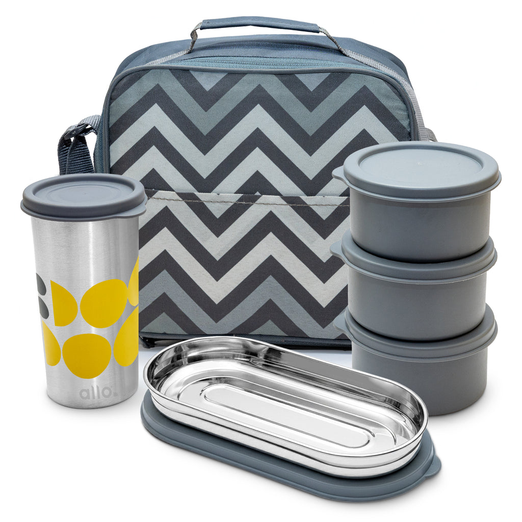 Allo Stainless Steel Lunch Box for Office with Bag , Microwave Safe AirTight & Leak Proof Tiffin for Office, School,  College, Set of 4 (Lunch Box 300ml x 3, 400ml x 1, 450 x 1)  with Chevron Grey Bag