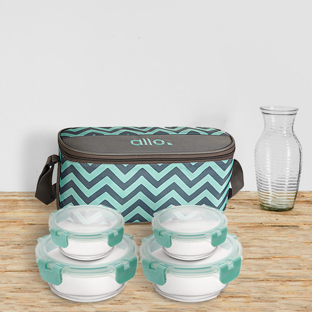 Allo Food Safe Glass Lunch Box with Break Free Detachable Lock, 450°C Microwave Safe Lunch Box, Borosilicate Glass Tiffin for office with Chevron Mint Tiffin Bag, Set of 4, 215ml x 2, 390ml x 2, Round.