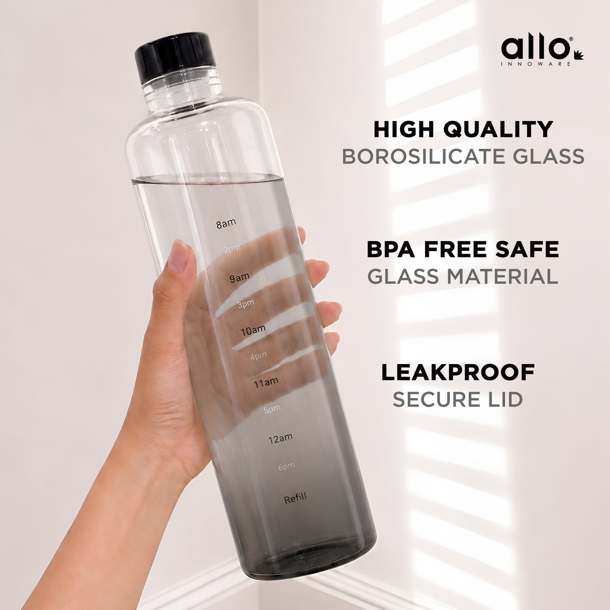 Allo Glass Water Bottle For Women & Men, 600 ml, Aesthetic H2O Bottles For Drinking Detox Water, Juice, Milk, Soda | 0.4 Ltr Bottle For Fridge, Storage, Home | Gift Set Packaging | Time Marked Black