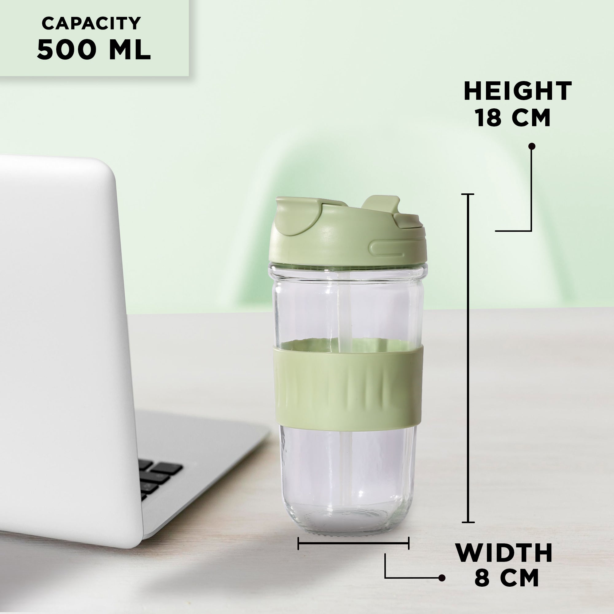 Allo Reusable Glass Mug Sipper Tumbler with Straw, Unique 2 in 1 Anti Spill Lid | Microwave Safe Leakproof Glass with Anti-Slip Grip for Hot & Cold Coffee|| Car, Office, Travel use | 500ml (Green)