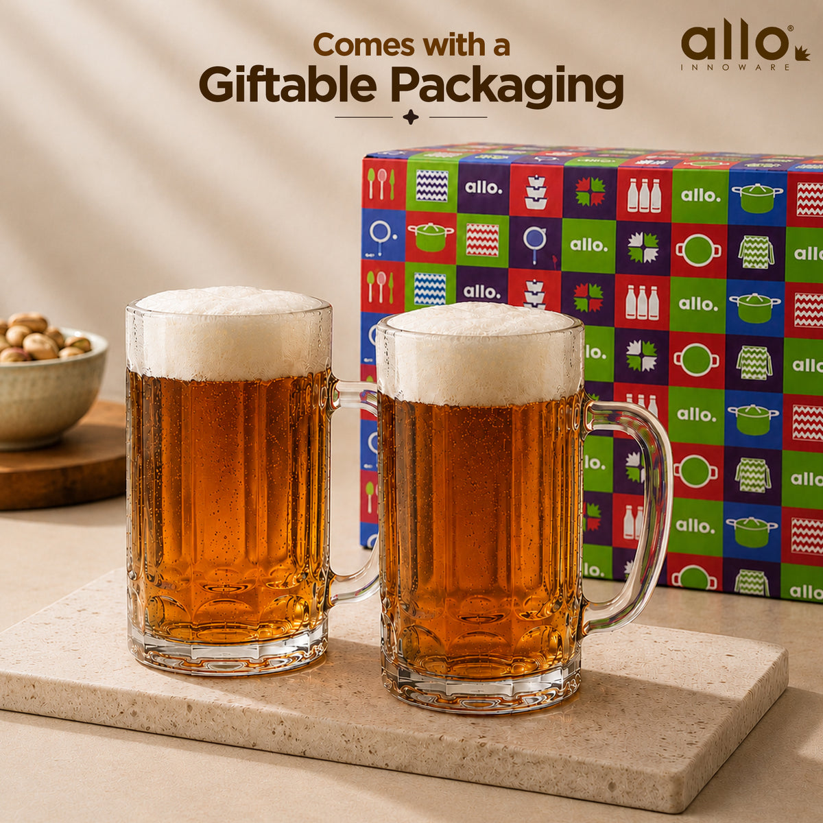 Allo Beer Mug And Drinking Glass Mugs, Set Of 2, 380 ml Each, Serves Beer, Juice, Mocktail, Alcohol, Cocktail, Drinking Glass With Handle, Fluted Glass | Gift Set Packaging | Transparent Tall Facet