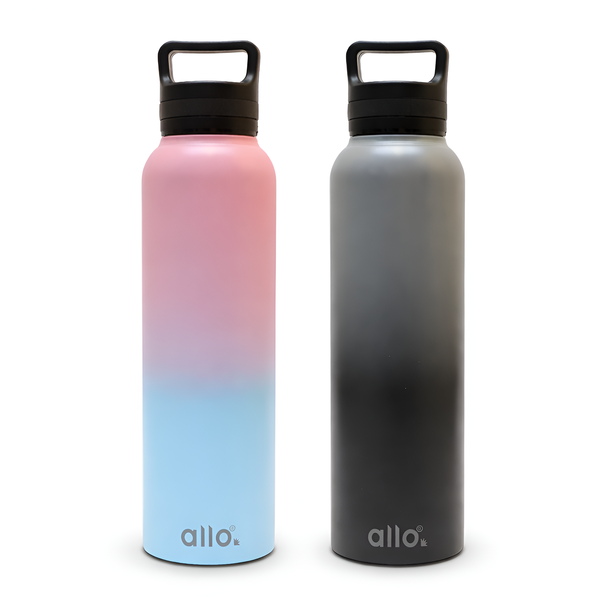 Allo Stainless Steel Water Bottle For Adults,Kids 1 Litre Water Bottles For School,Office,Sports,Gym 1L Water Bottle For Men & Women,Pack Of 2,Leak Proof,Bpa Free,Pink Baby Blue & dark grey Handle Cap