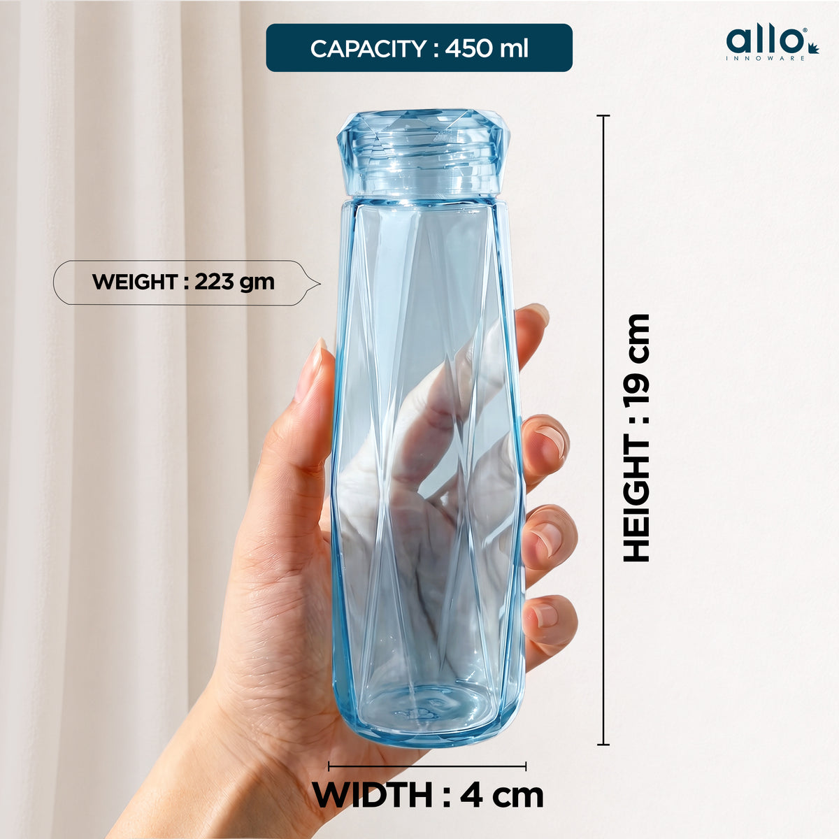 Allo Glass Water Bottle For Women & Men, 450 ml, Aesthetic H2O Bottles For Drinking Detox Water, Juice, Milk, Soda | 0.4 Ltr Bottle For Fridge, Storage, Home | Gift Set Packaging | Geometric Blue